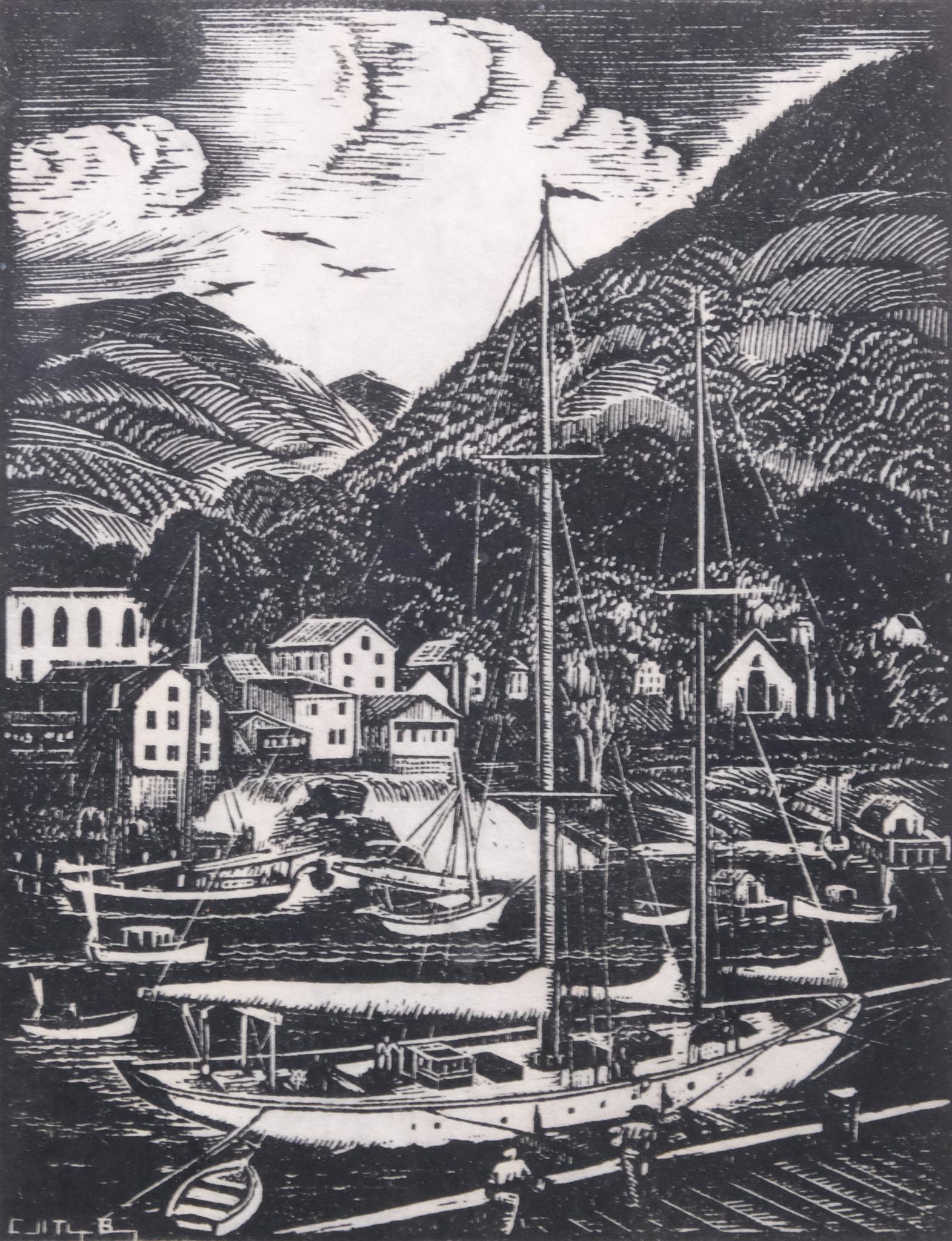 Carol Thayer Berry, Woodcut of Schooner (1 of 4)