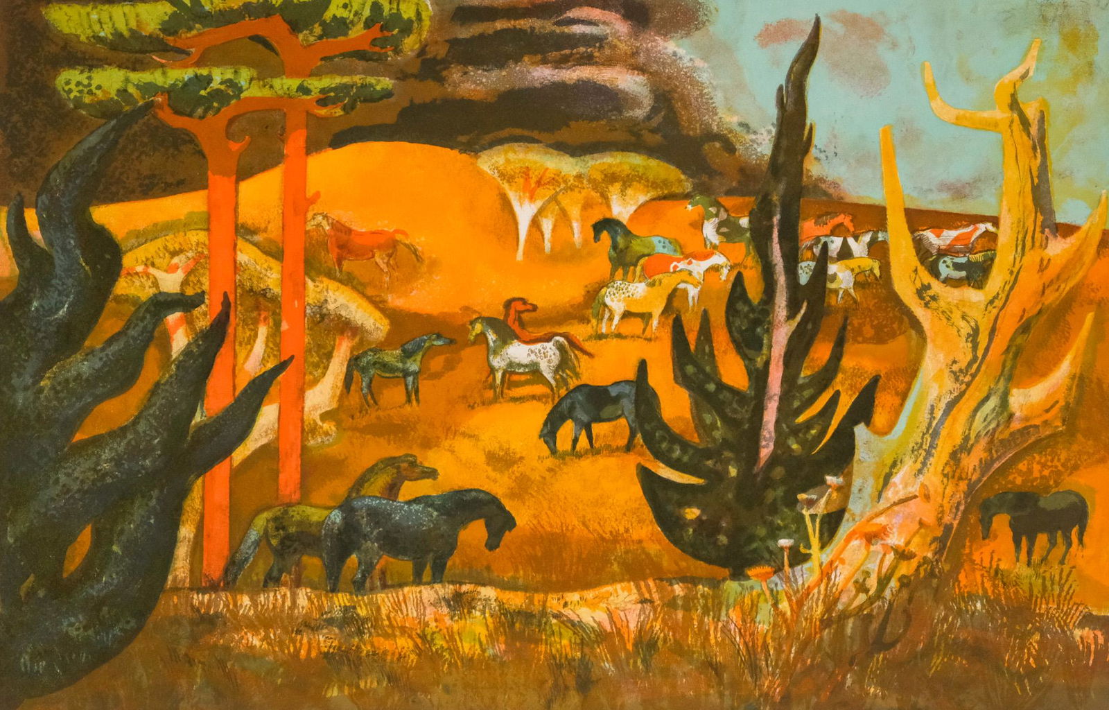 Millard Sheets, Horses: Millard Owen Sheets (American, 1907-1989), color lithograph depicting horses on a hill, signed in pencil l.r., numbered "206/250" l.l., 20" X 30" image size, 23 3/4" X 35 1/4" sheet size, unframed. Pr