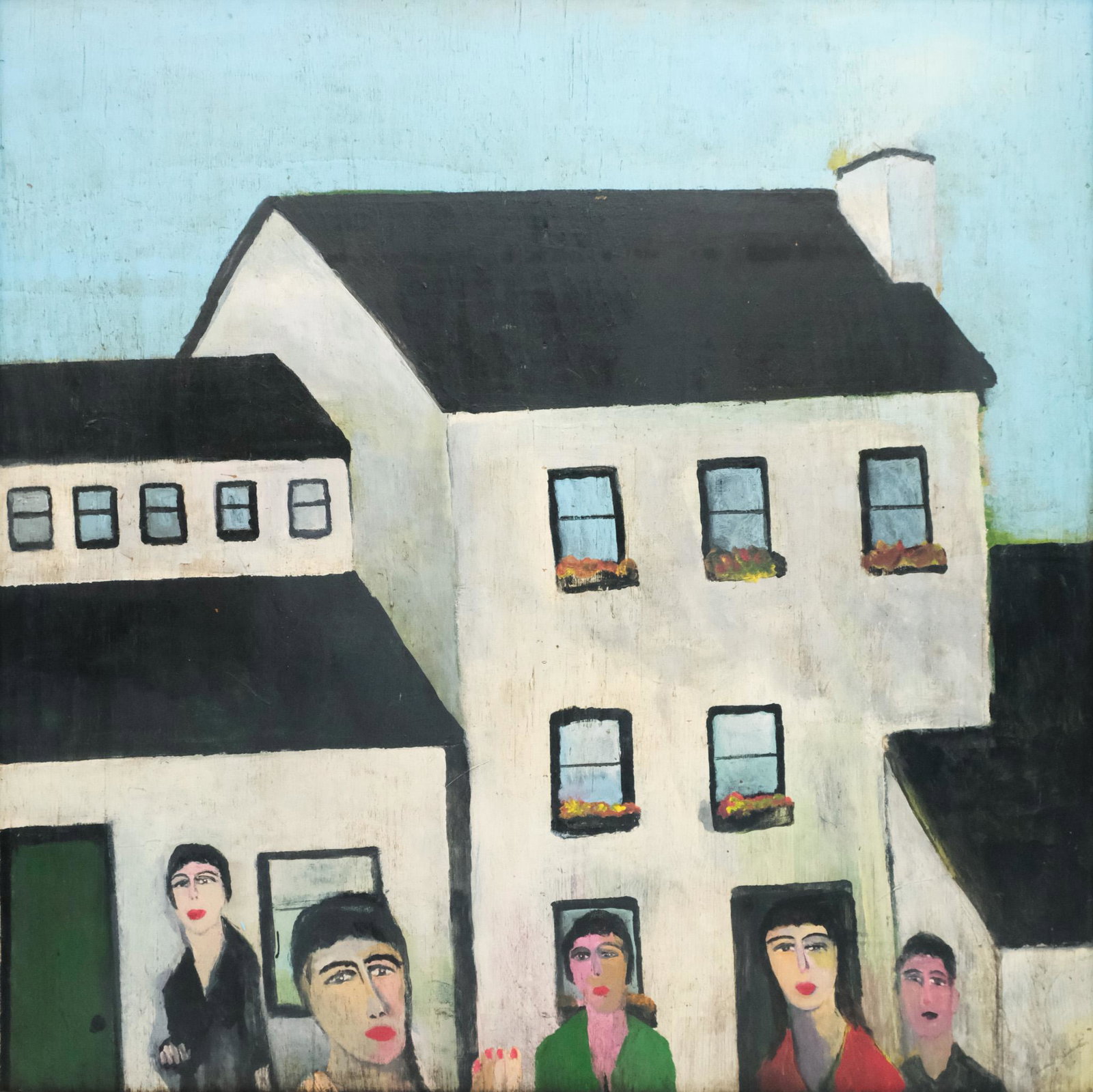 American School, Folk Art Painting: American, 2005, acrylic on wooden panel depicting several people milling before a tall, white house, signed "Richard Triconi" and dated verso, 47" x 47" sight, 49 1/2" x 49 1/2" framed.