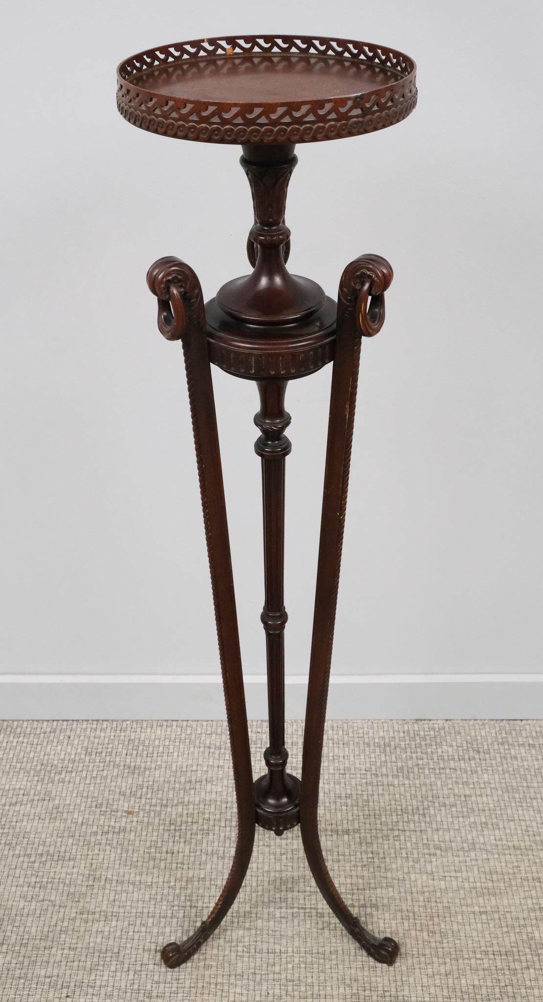 Weiman French Style Pedestal: Weiman Heirloom Quality Furniture, circa 1920, mahogany French style pedestal with pierced gallery and tripod legs, labeled on underside of top, 54" H x 11 1/2" diameter.