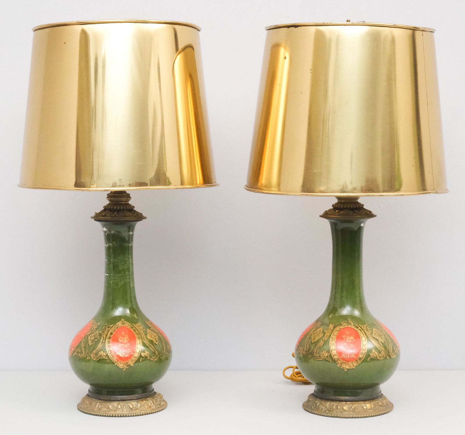 Pair of MCM Painted Glass Lamps w/ Brass Shade (1 of 8)
