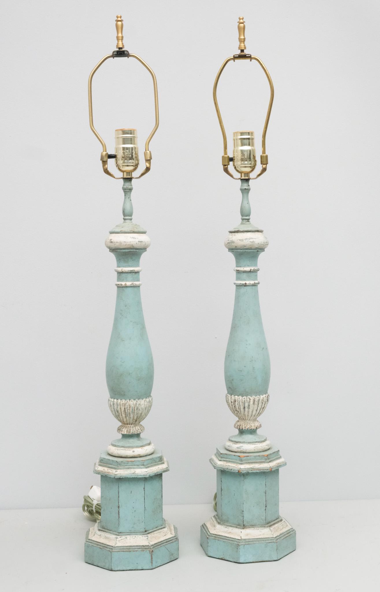 Pair of Painted Lamps: Pair of mid-century light blue and white painted wooden base lamps, 30 1/2" H x 5 1/4" W x 5 1/4" L.