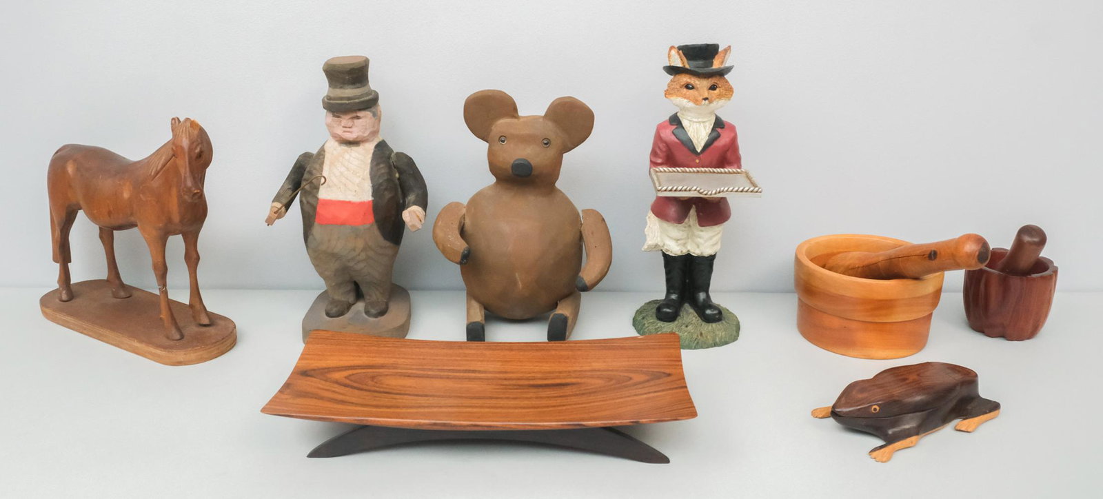 Lot of Wooden Articles: Lot consisting of 1) carved wooden bear, signed "S. Wiley '84" on underside, 10 1/4" H x 7 1/4" W x 6" L; 2) carved wooden figure of a man in a tuxedo with a cane, signed "S. E. Wiley '83" on back of 