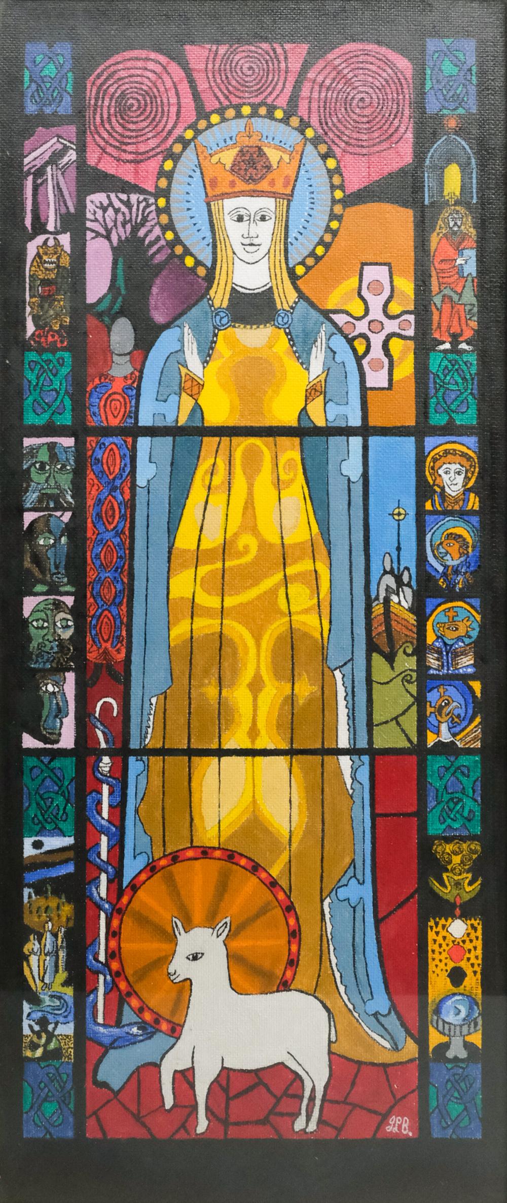 Joseph L. Byrne, "The Icon of Knock": Joseph Laurence Byrne, 20th century oil on canvas depicting a saint in blue and gold robes, with a lamb, a snake coiled on a staff, and framed with small vignettes, signed "JLB" l.r., labeled and titl