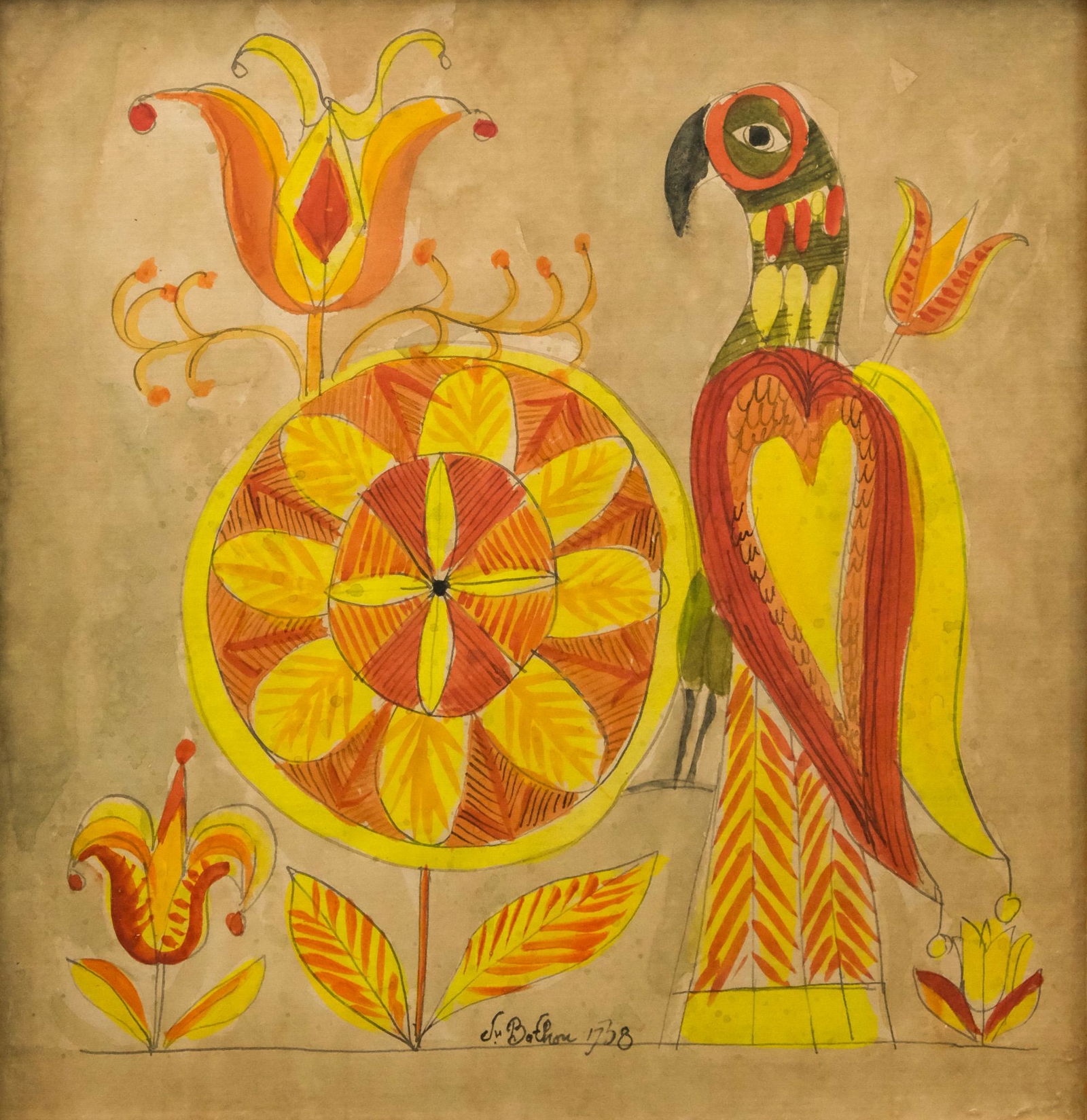 American School, 18th C. Watercolor Bird & Flowers Fraktur (1 of 5)