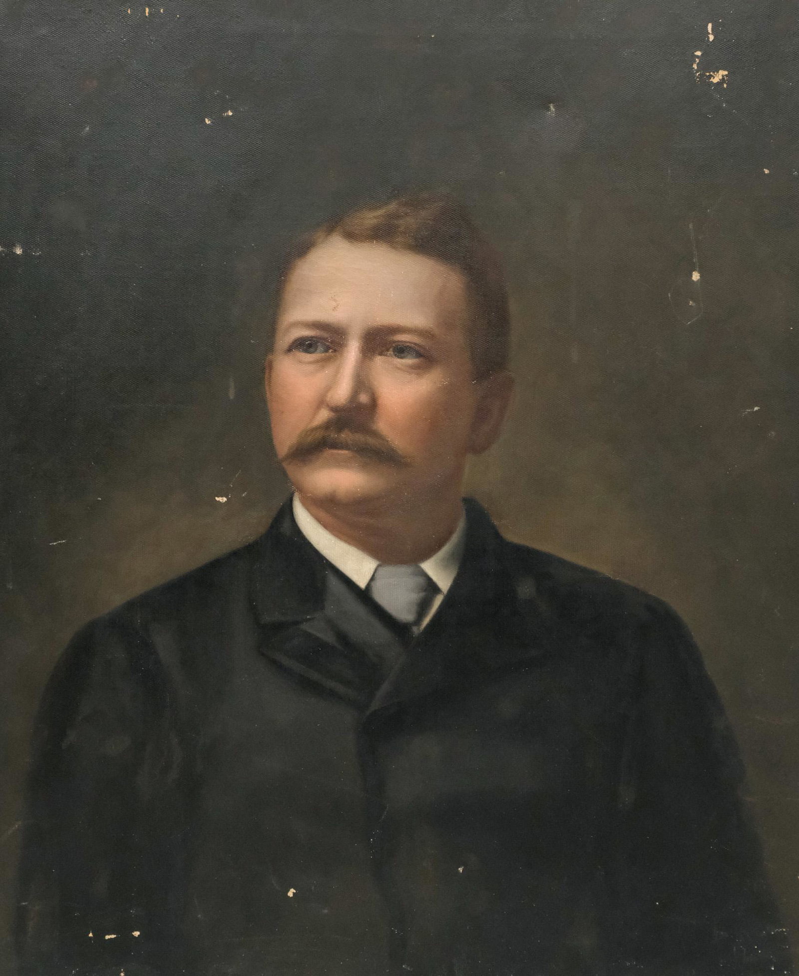 American School, Portrait of a Gentleman: American, 19th century oil on canvas depicting a mustachioed gentleman on a dark ground, 24 3/4" x 30" canvas.