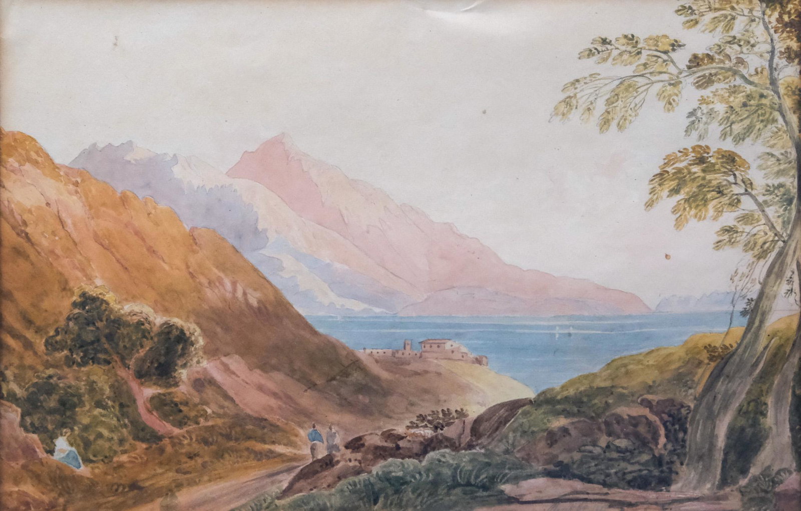 English School, "Marseilles": English, 1827, watercolor on paper depicting travelers on a path toward Marseilles, dated and signed "J. T." l.r., attributed to "James Thomson" verso, 7 3/4" x 12" sight, 17" x 21" framed.