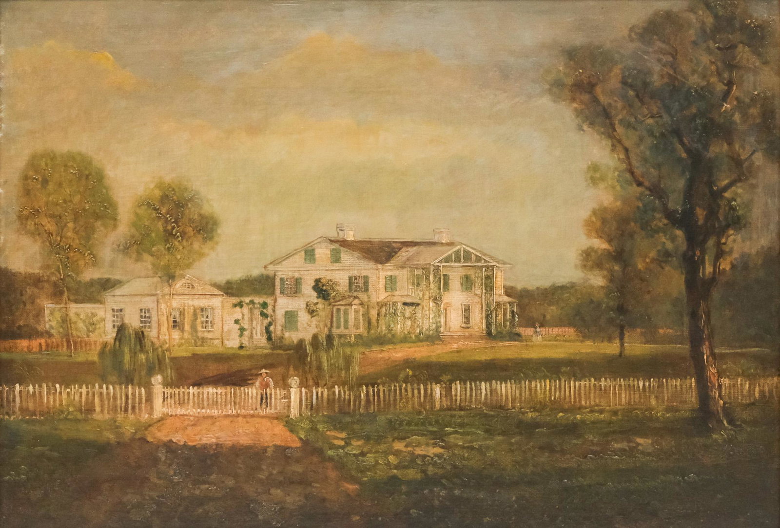 American School, "Strong House": American, 1850, oil on board depicting a large, fenced in estate, titled and dated verso, 14" x 20" board, 18 1/2" x 24 1/2" framed.
