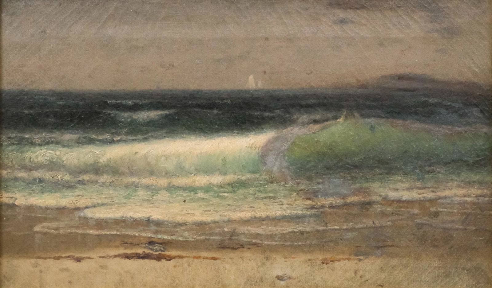 Franklin H. Miller, Stormy Sea: Attributed (verso) to Franklin Harrison Miller (American, 1843-1911), oil on canvas depicting a stormy sea, dark and dotted with distant sails, 12" x 20" canvas, 16 1/4" x 24 1/4" framed.