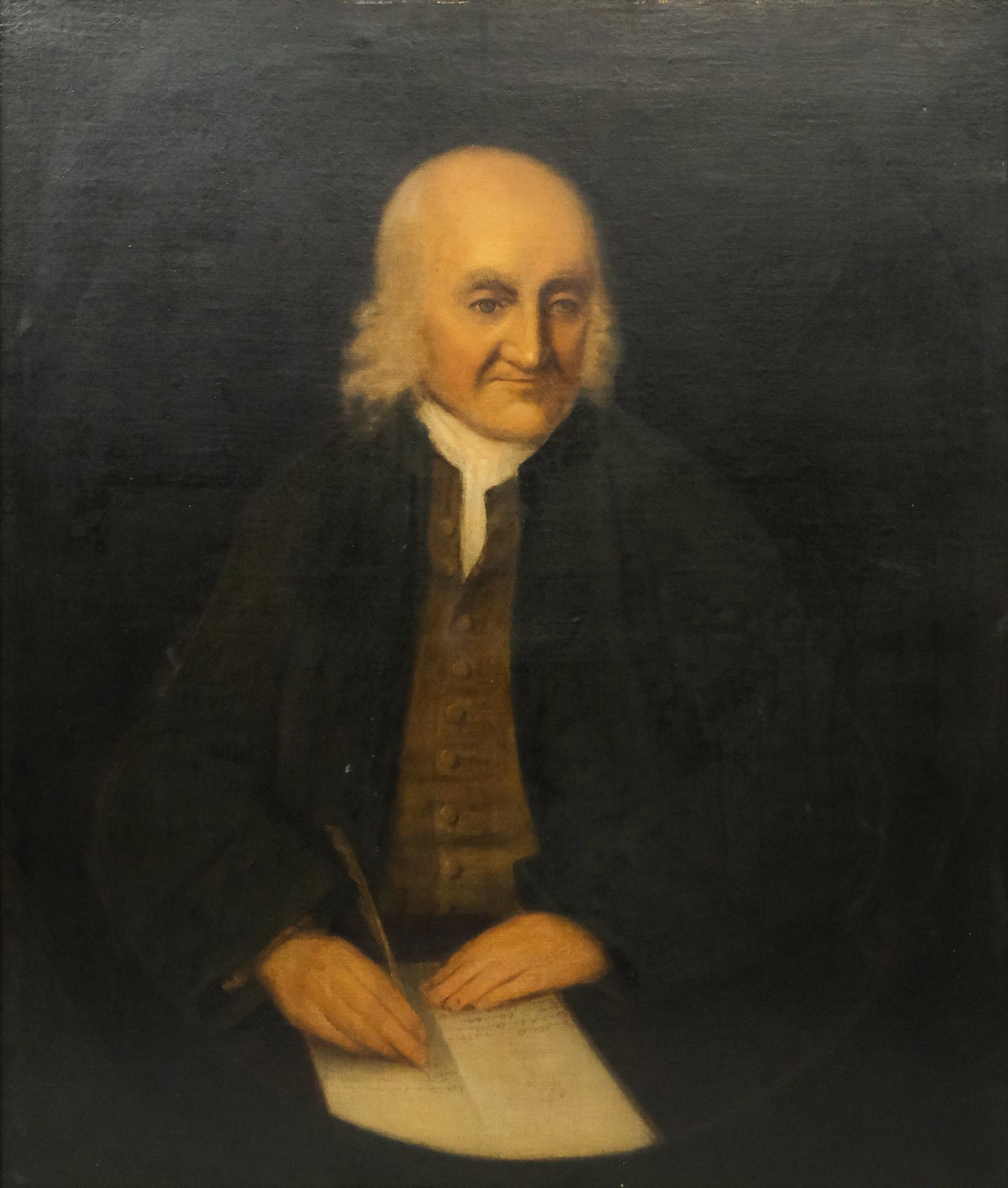 American School, Portrait of a Statesman: American, 18th century oil on canvas depicting an elder statesman seated and writing, 33" x 38 1/2" canvas, 38 3/4" x 44 1/2" framed.