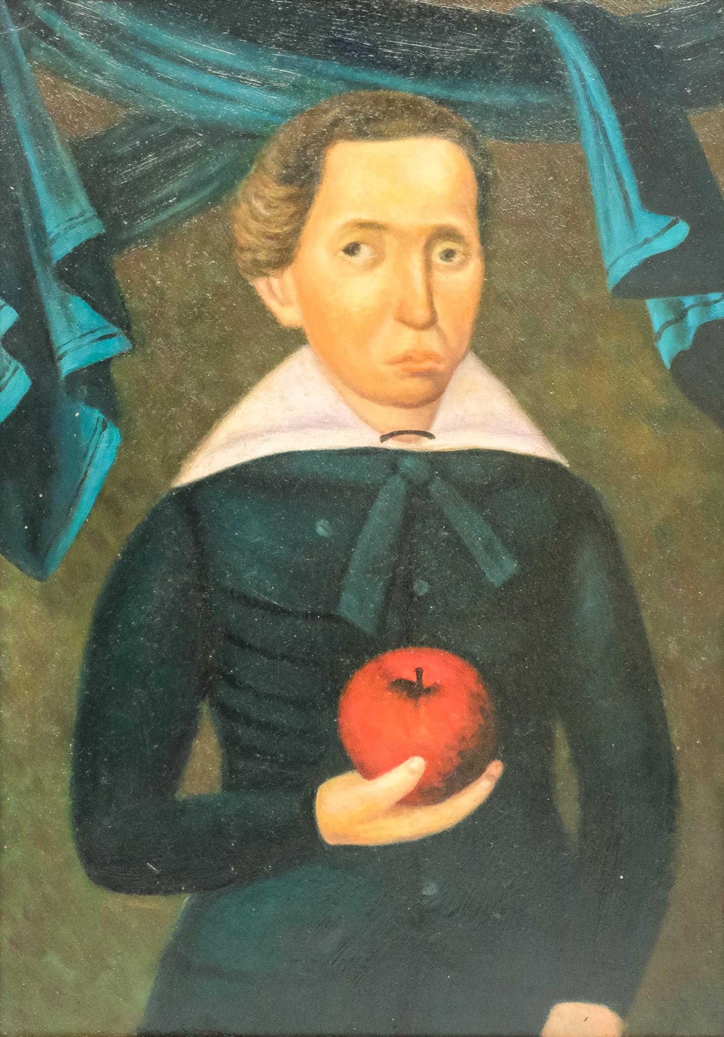 American School, Portrait of a Man with Apple: American, 19th century oil on board depicting a young man with a wide white collar holding a red apple, 10" x 14" board, 15 1/2" x 19 1/2" framed.