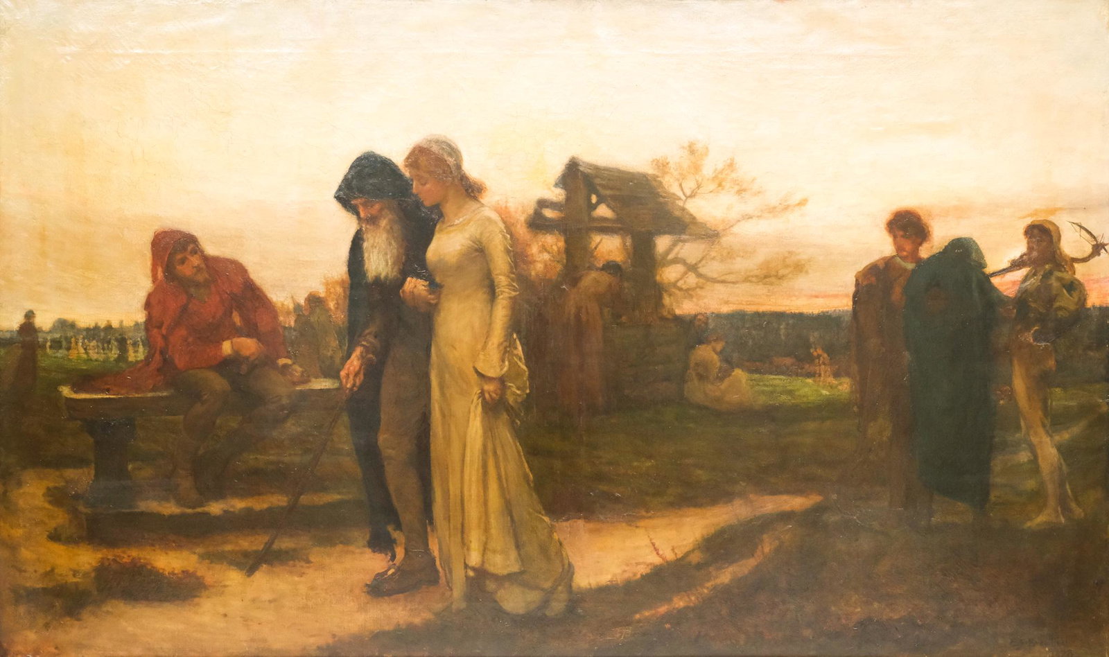 E. F. Brewtnall, The Blind Beggar & His Daughter: Edward Frederick Brewtnall (British, 1846-1902), 1878, oil on canvas depicting a beautiful young woman walking arm-in-arm with an old, blind man as onlookers gawk at the pair, signed and dated l.r., 3