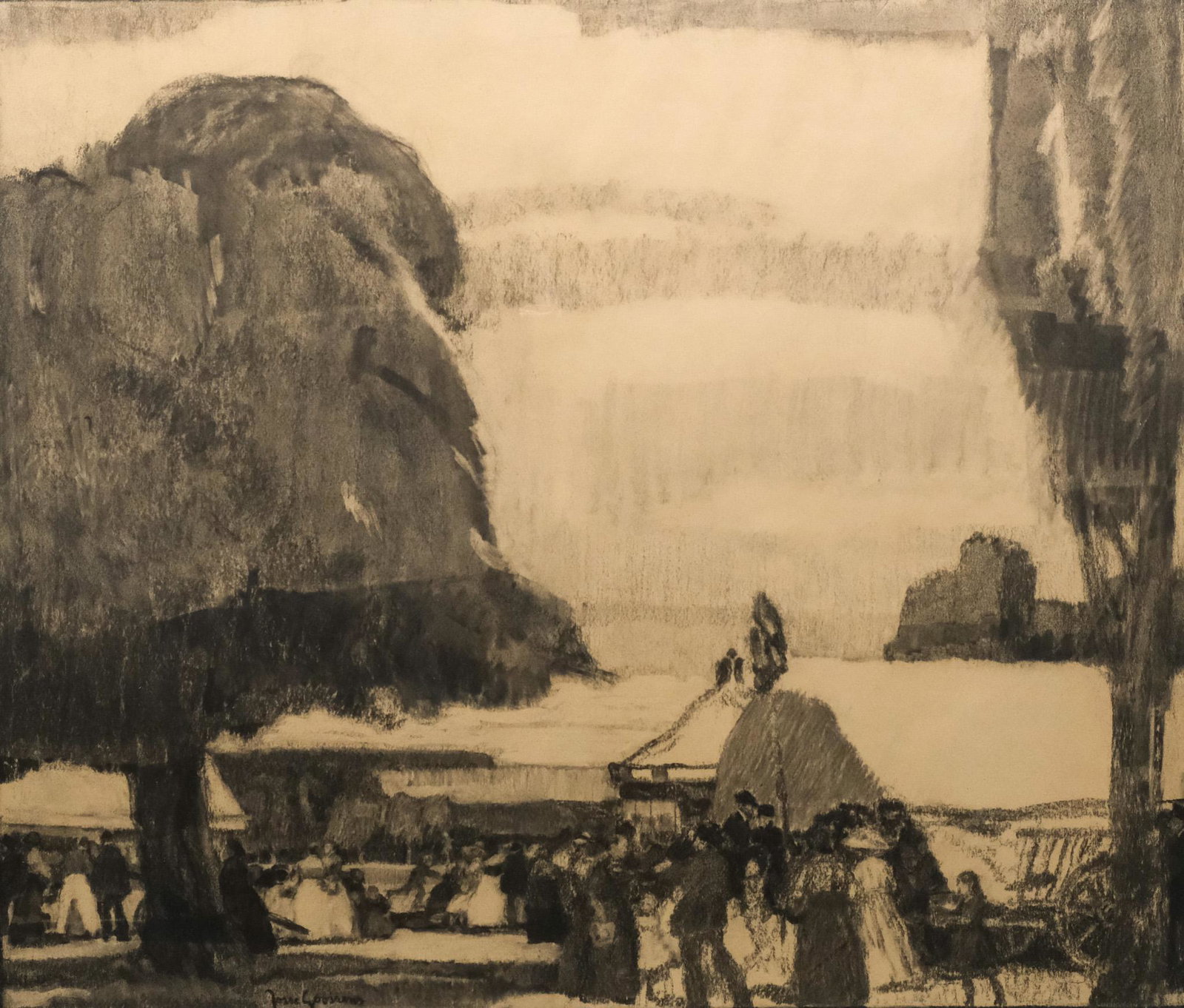 Josse Goossens, A Country Festival: Josse Goossens (German, 1876-1929), 1916, charcoal on paper depicting a bustling festival, signed l.l., with inscription in German l.c., 21 1/2" x 24 1/2" sight, 25" x 28 1/4" framed.