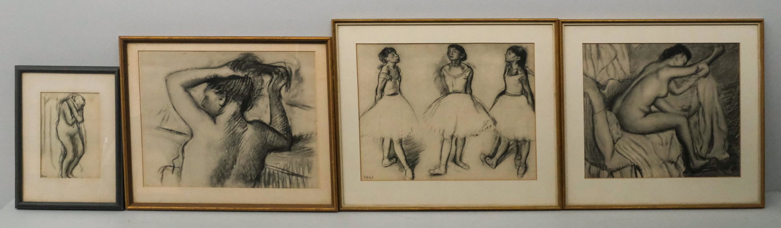 Group of 4 Degas Lithographs: After Edgar Degas (French, 1834-1917), group of four lithographs of charcoal sketches, including one depicting a woman pulling up her hair (10 1/4" x 13" sight, 13" x 15 3/4" framed), one depicting a 