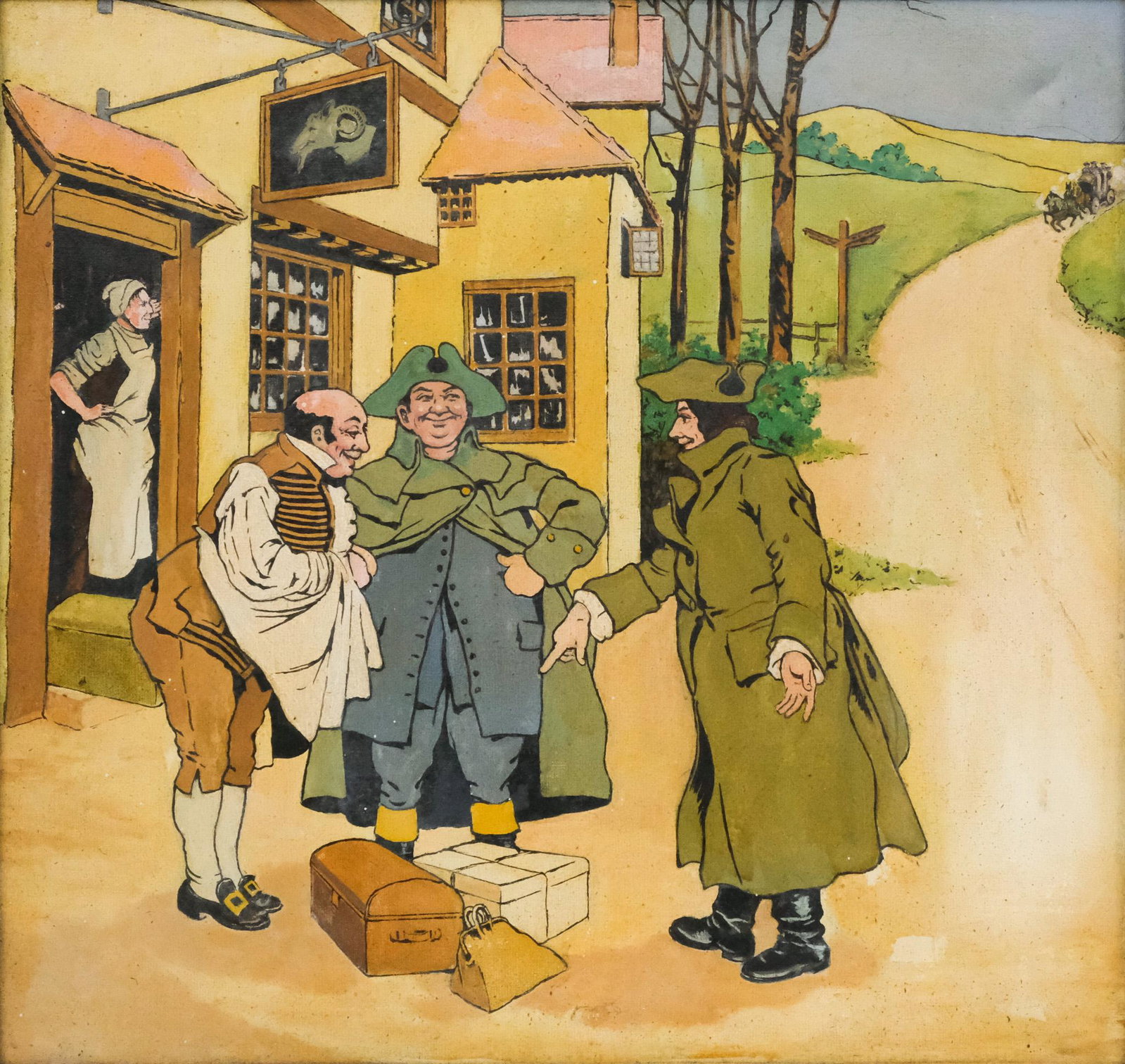 American School, English Tavern Scene: American, 20th century oil on canvas depicting an illustrative English tavern scene in which three men stand outside holding a discourse over a bag, a trunk and a parcel, 16 1/2" x 17 1/2" sight, 20" 