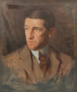 Alexander James, Portrait of a Man: Alexander Robertson James (American, 1890-1946), 1929, oil on canvas depicting a blue-eyed man with a sharp nose, inscribed "To Thomas H. Lauman" and signed l.l., dated l.r., 20" x 24" canvas, 27 1/2"