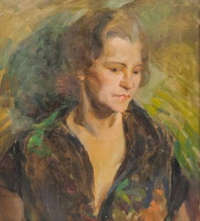 Alexander James, Portrait of a Woman: Alexander Robertson James (American, 1890-1946), oil on canvas depicting a woman with a large brown collar, her eyes cast downwards, signed l.l., 19" x 22 1/4" canvas, 22" x 24 3/4" framed.