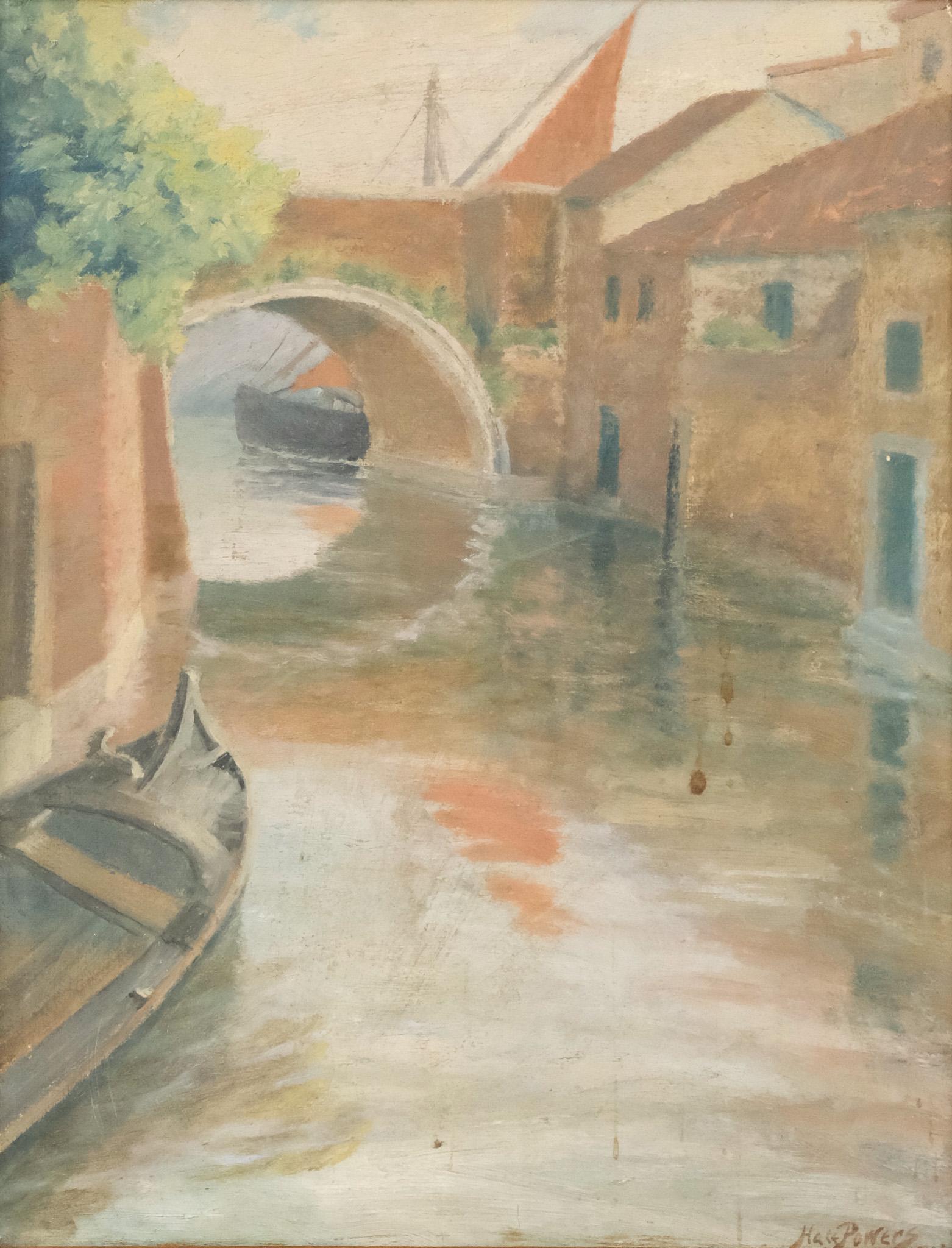 American School, Canal Scene: American, early 20th century oil on board depicting a canal running under a bridge, signed "Powers" l.r., 10 1/4" x 13 1/2" board, 13 1/4" x 16 1/4" framed.