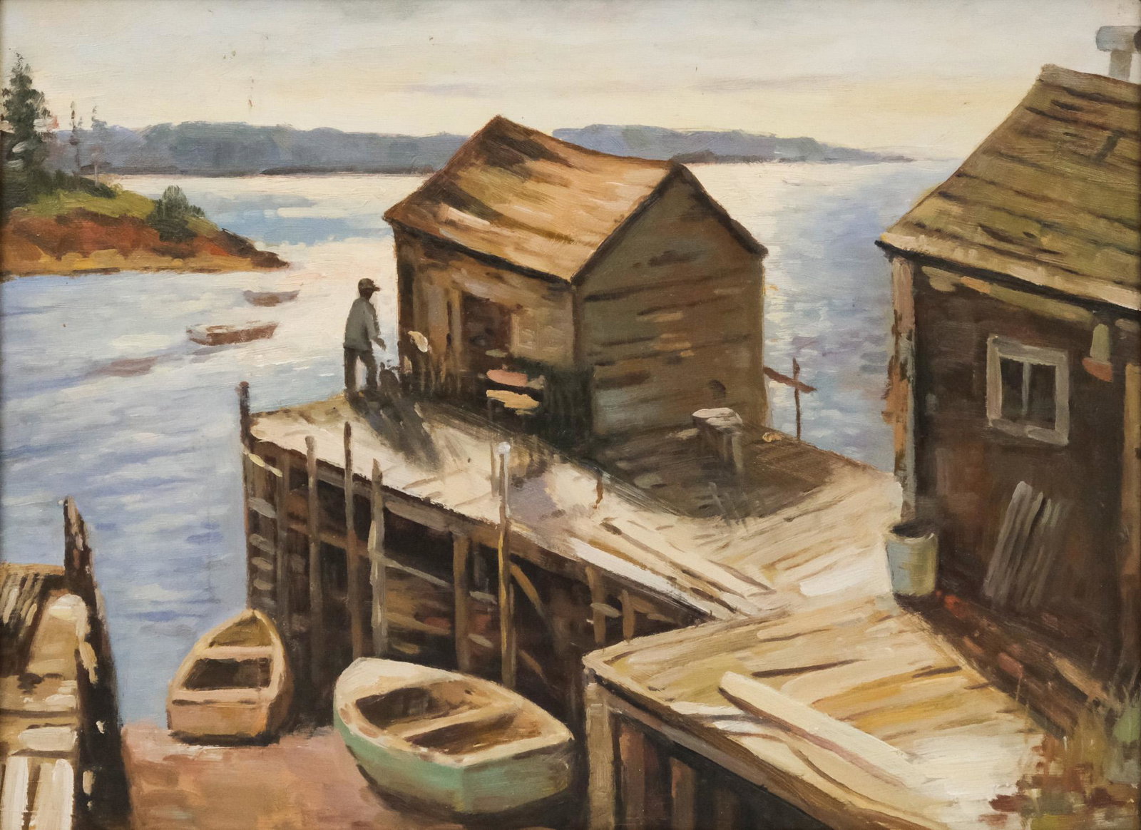 American School, Boathouse Scene: American, 20th century oil on board depicting a boathouse by a lake, a man stepping toward it, 11 3/4" x 15 3/4" board, 15 1/2" x 19 1/2" framed.