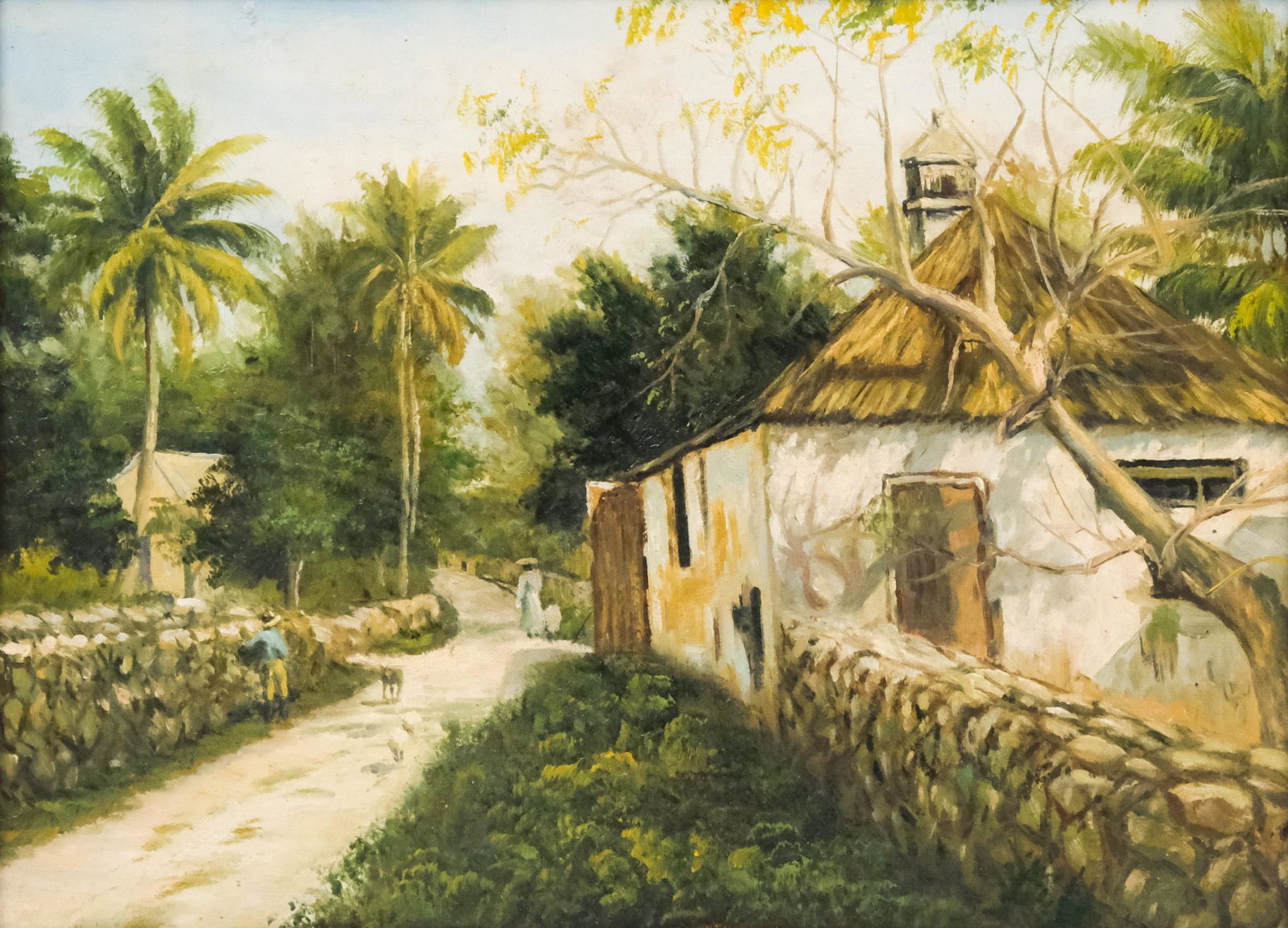 American School, Village Road Bermuda: American, 20th century oil on board depicting a road through a tropical village, walked by a mother and child, and a young boy with his dog, 9" x 12" board, 11 1/4" x 14 1/4" framed.