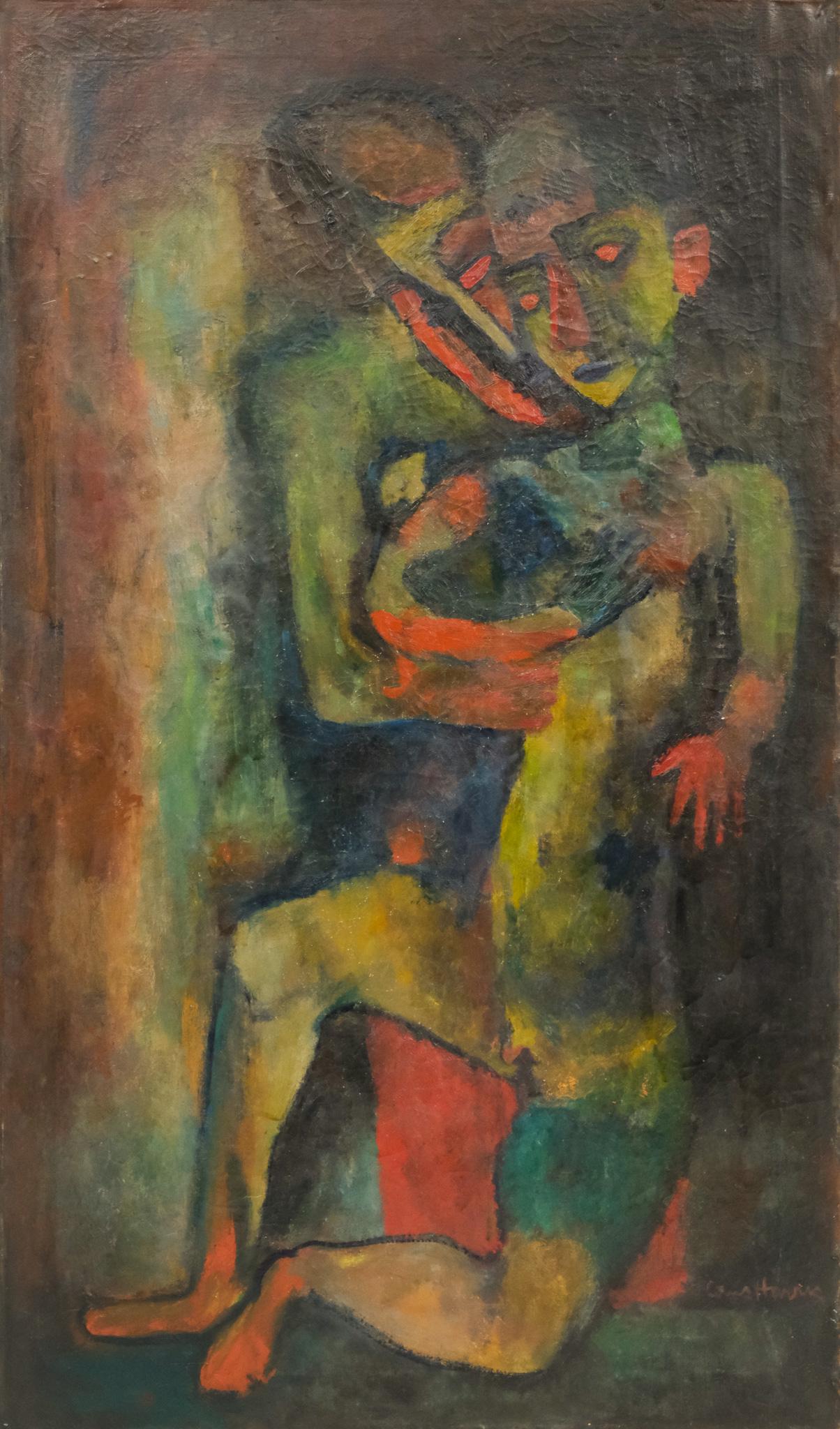 Louis Harris, Two Figures: Louis Harris (American, 1902-1970), oil on canvas depicting two abstract figures, one nude being embraced from behind by the second figure, signed l.r., 21" x 36" canvas, 22 1/4" x 37 1/4" framed.