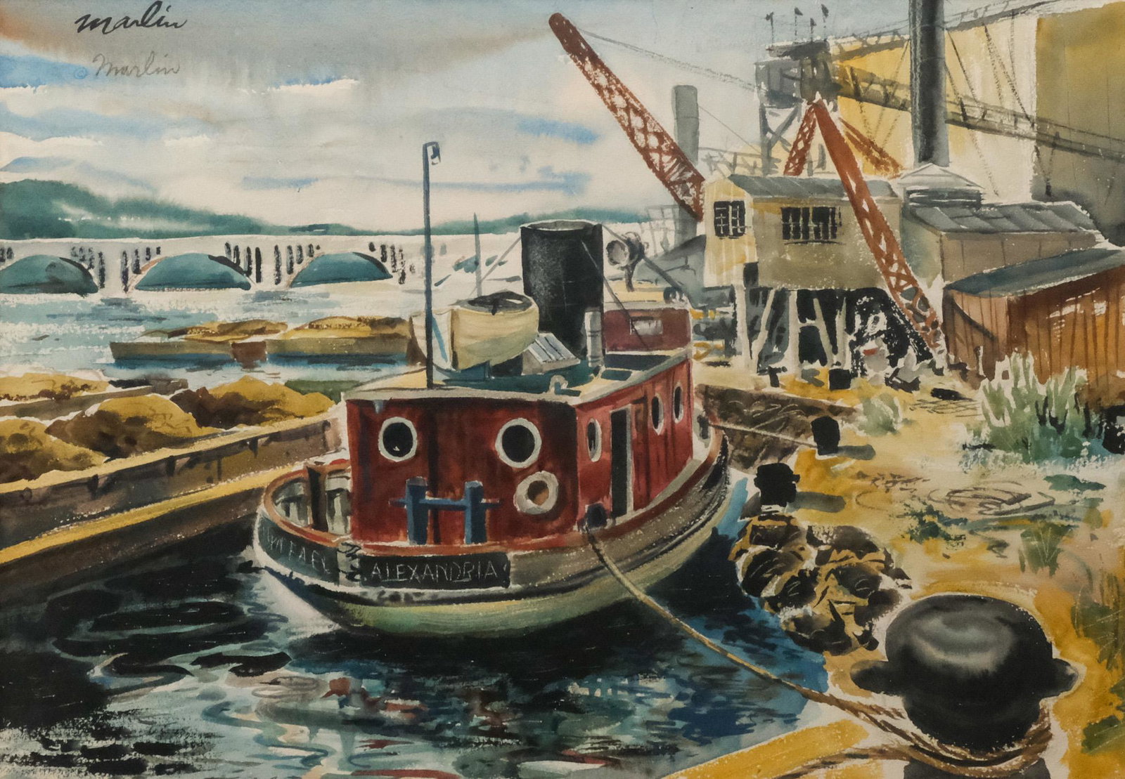 American School, Dockyard Scene: American, 20th century watercolor on paper depicting a crowded dockyard, signed "Marlin" u.l., 14 1/2" x 21" sight, 22" x 28 1/2" framed.