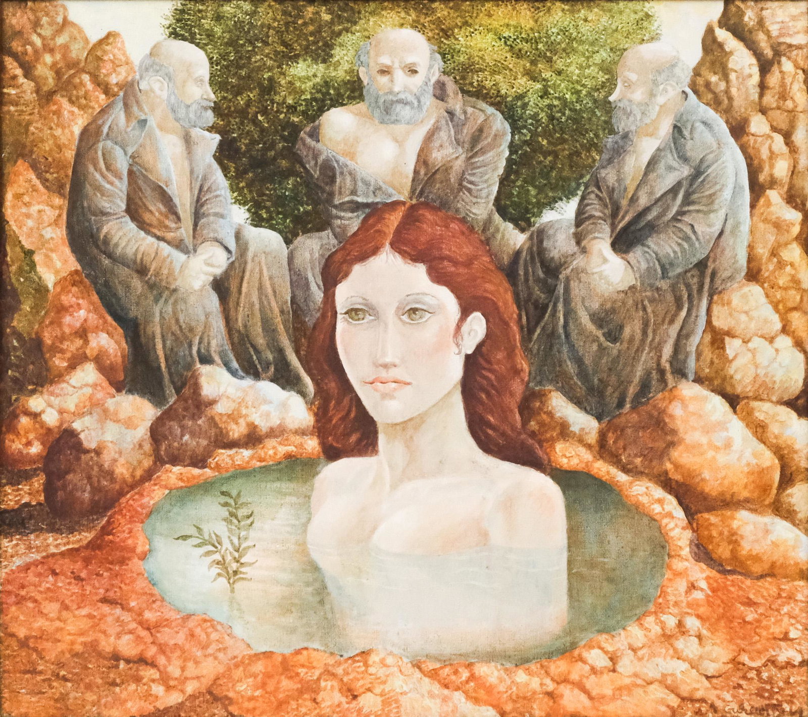 American School, Woman in the Water: American, 20th century oil on canvas depicting a fantasy scene of an auburn haired woman in a waterhole, surrounded by three bearded men, signed illegibly l.r., 16" x 18" canvas, 21 1/2" x 23 1/2" fra