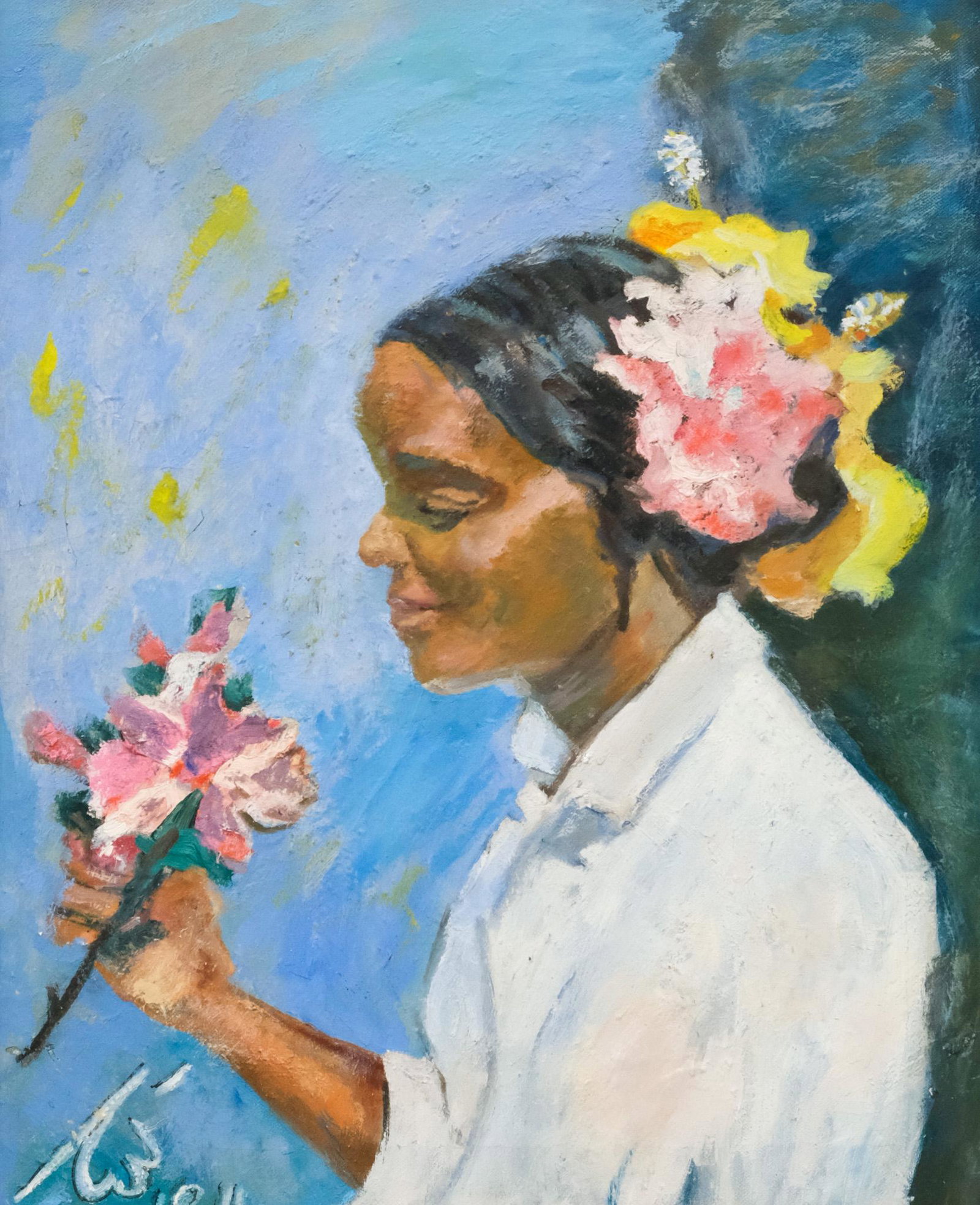 Ruth Hooker Svanoe, "Leona": Ruth Hooker Svanoe (American, 1911-1993), 1984, oil on canvas depicting a young woman holding a tropical flower, 16" x 20" canvas, 23 1/2" x 27 1/2" framed.