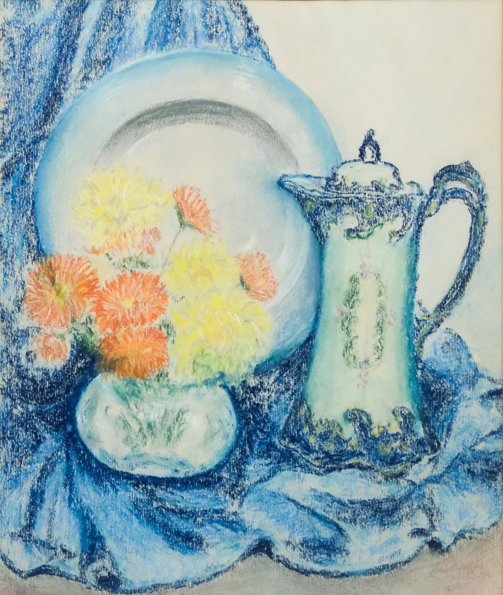 American School, Pastel Still Life: American, 1968, pastel on paper depicting a bouquet of flowers in a vase alongside china arranged over a blue drape, 11 1/4" x 13 1/2" sight, 18 1/2" x 21" framed.