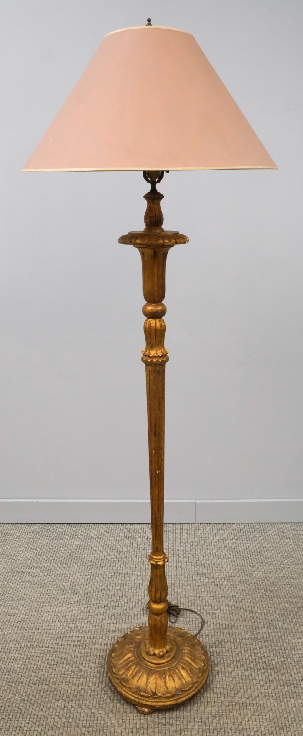 Italian Giltwood Floor Lamp: Antique Neoclassical Italian Florentine carved giltwood floor lamp, 72" H x 12" diameter.