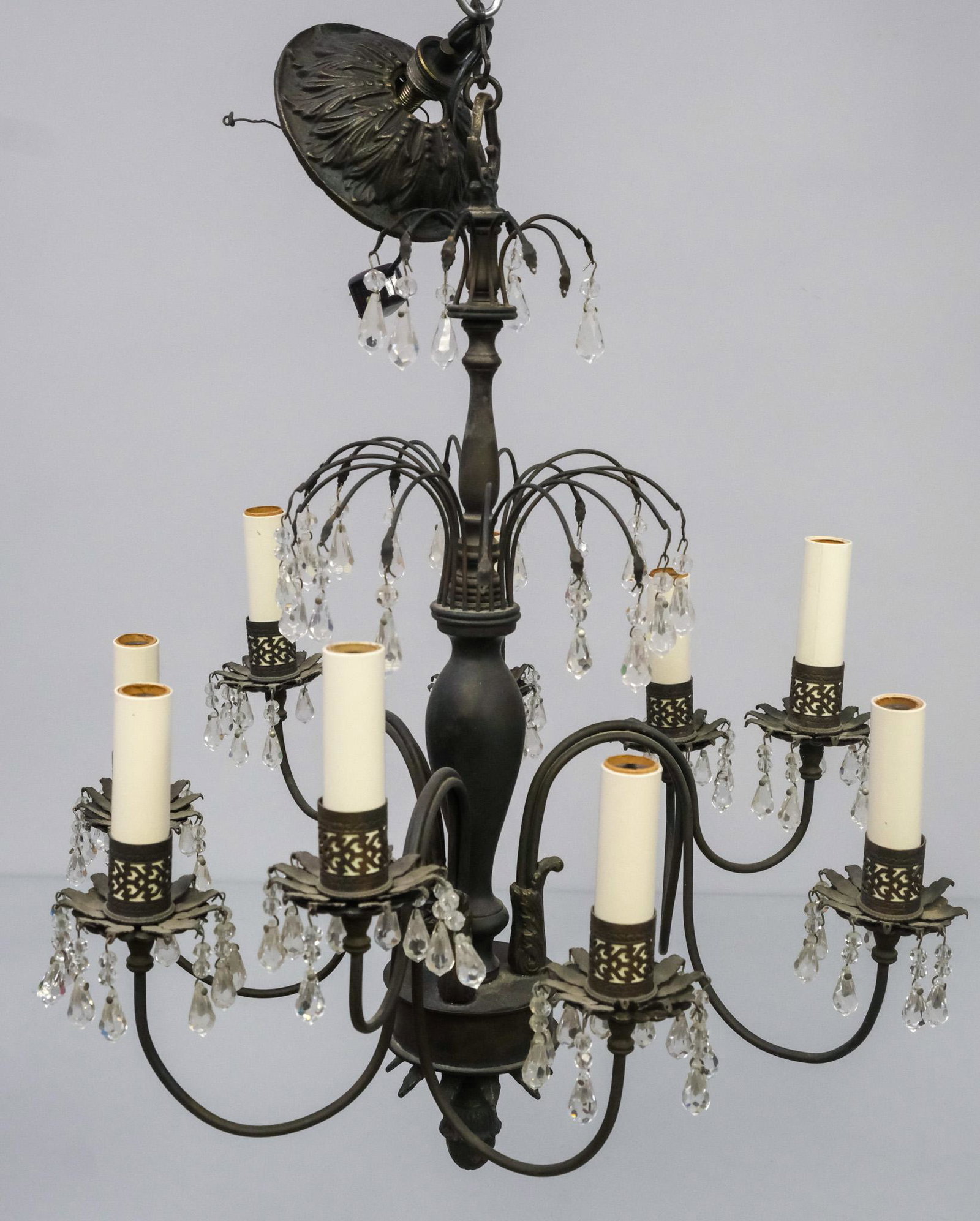 French Bronze Hallway Chandelier: Having 9 lights on 3 arms, dark patina, and crystal drops, wired to a plug, 16" x 26"