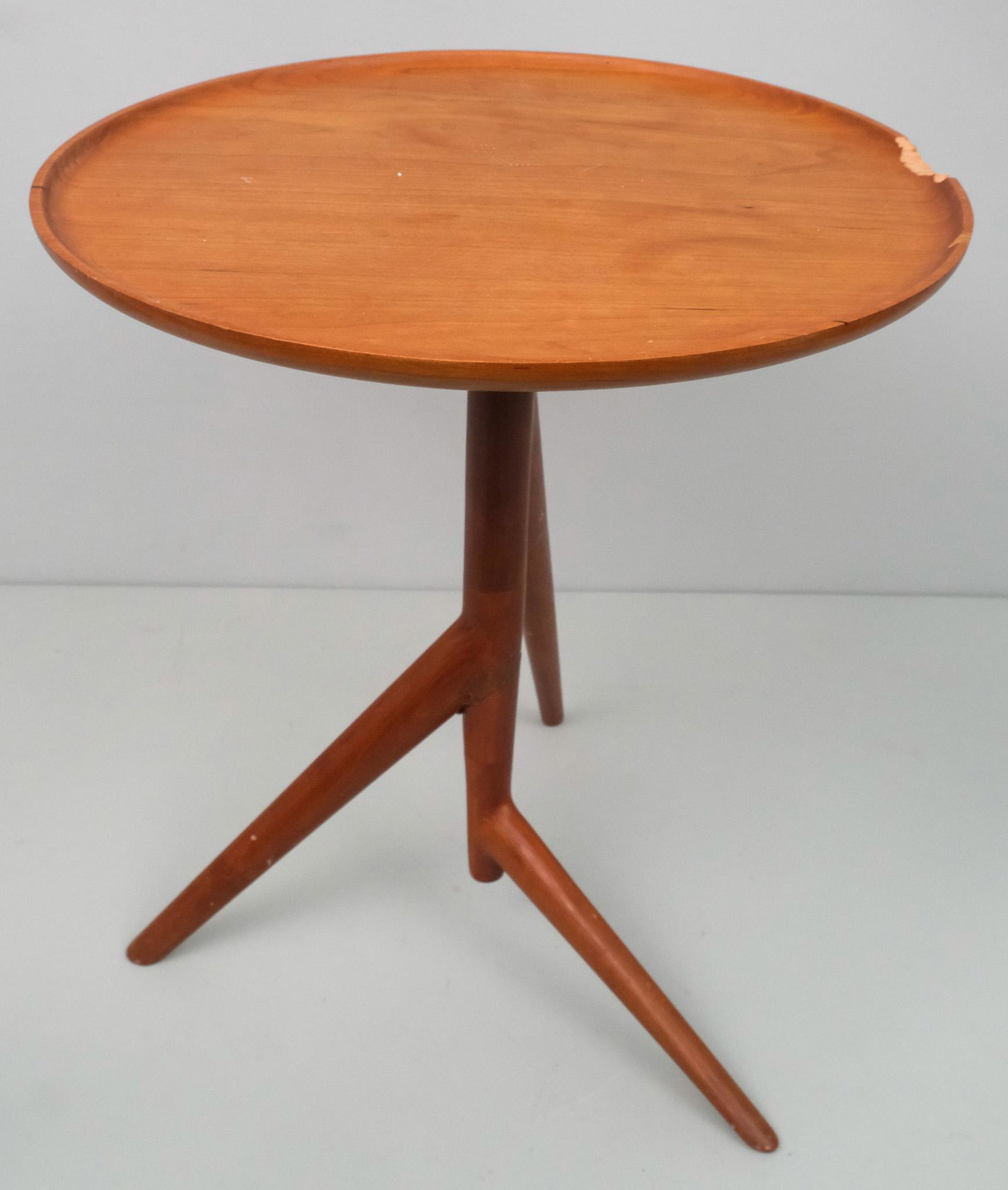 Slice Furniture Twig Side Table: Contemporary Slice Furniture walnut twig side table with three legs, bowl top, 19 3/4" H x 18" diameter.