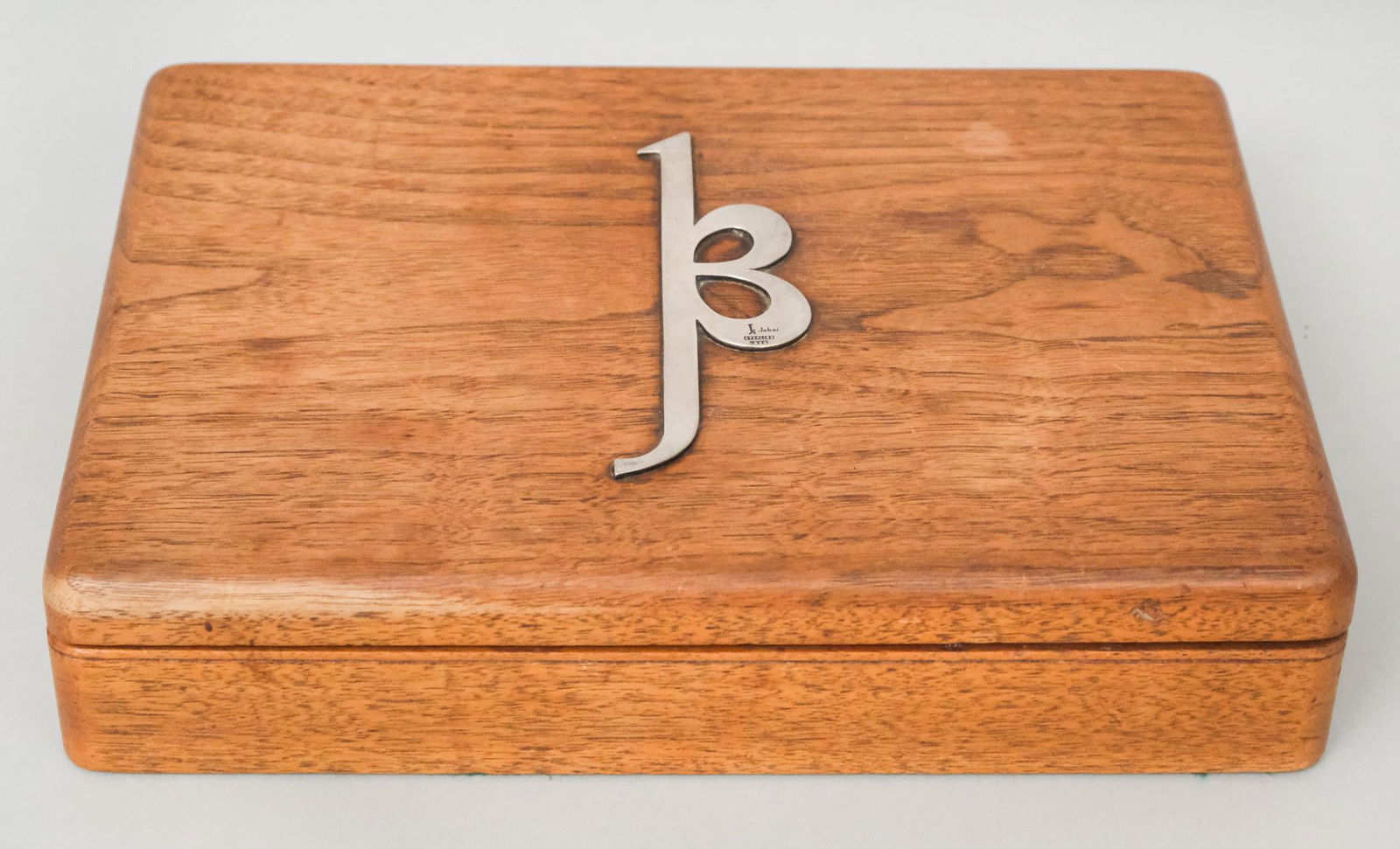 Kurt Jobst Modernist Sterling & Wood Desk Box: With applied silver letter or symbol. Hallmarked as shown. 2" x 10".
