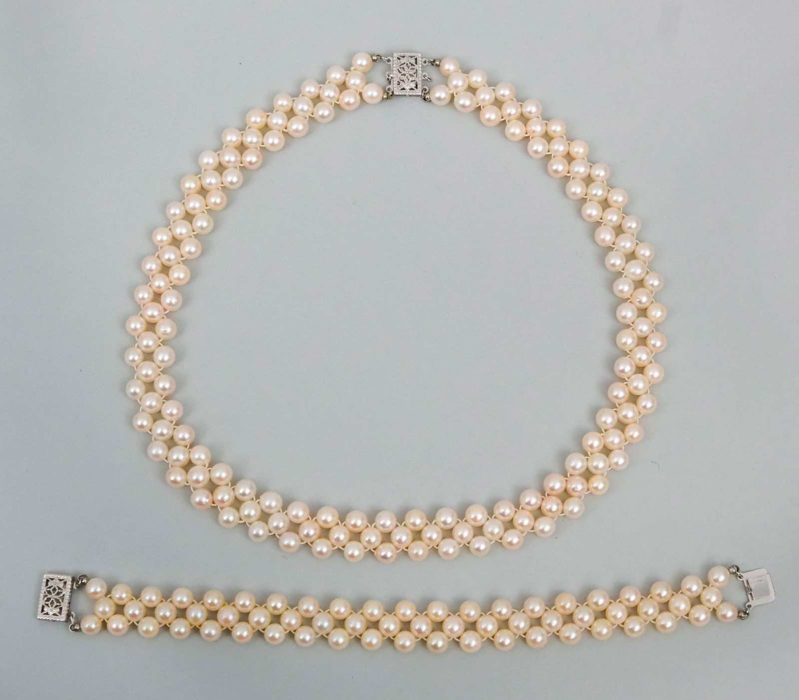 14K Gold & Pearl Triple Strand Necklace & Bracelet (1 of 8)