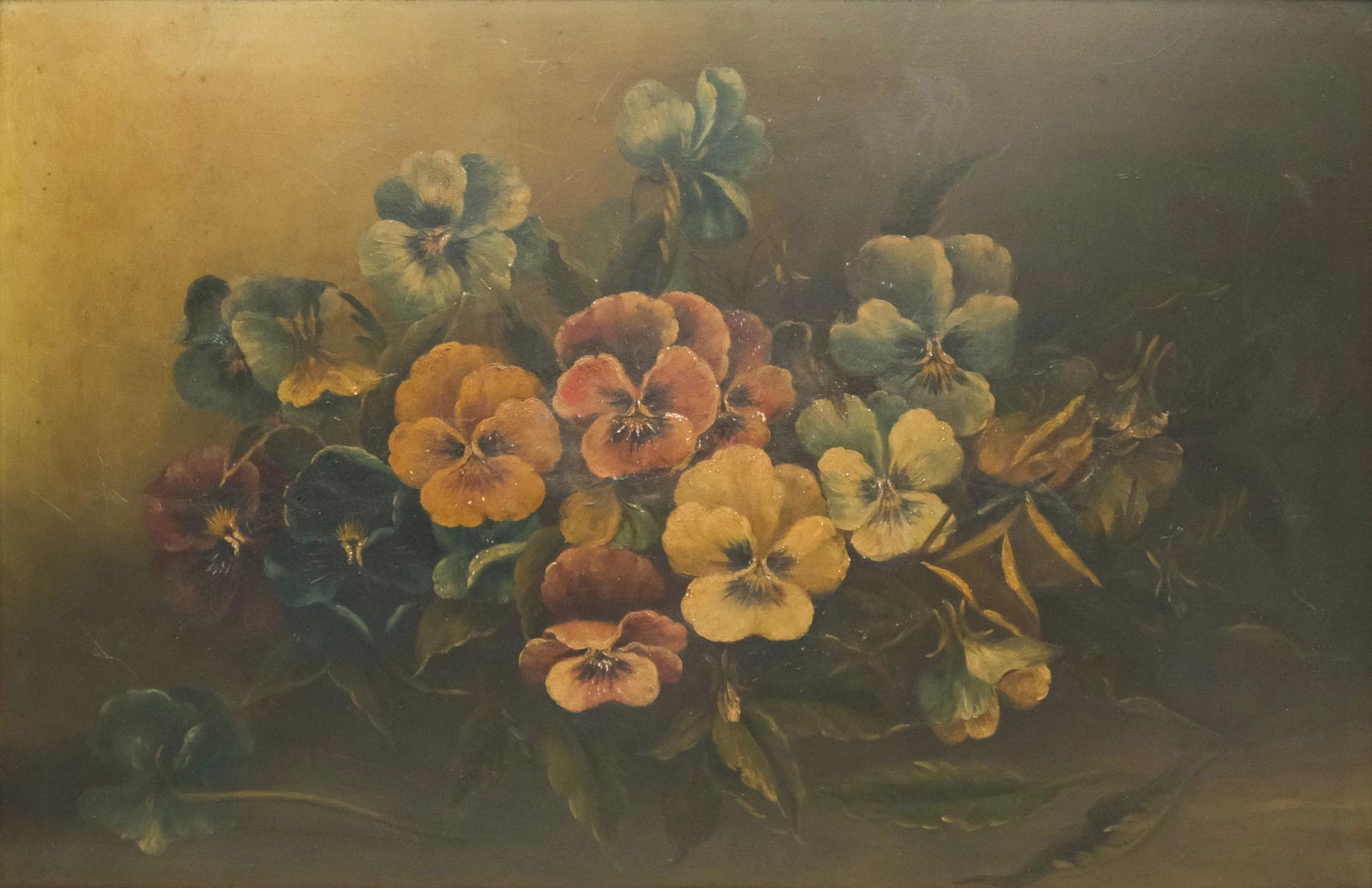 American School, Floral Still Life: American, early 20th century oil on Academy Board depicting a tabletop still life of pansies, 12 1/4" x 18 1/2" board, 15 3/4" x 22" framed.