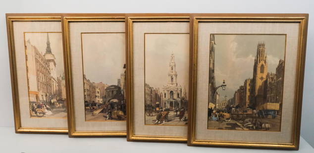 Set of 4 Thomas Shotter Boys Prints: Thomas Shotter Boys (English, 1803-1874), 1842, set of four colored lithographs depicting various locations in London, including the Strand, St. Dunstan, St. Paul and Temple Bar, 11 1/2" x 15 1/2" sig