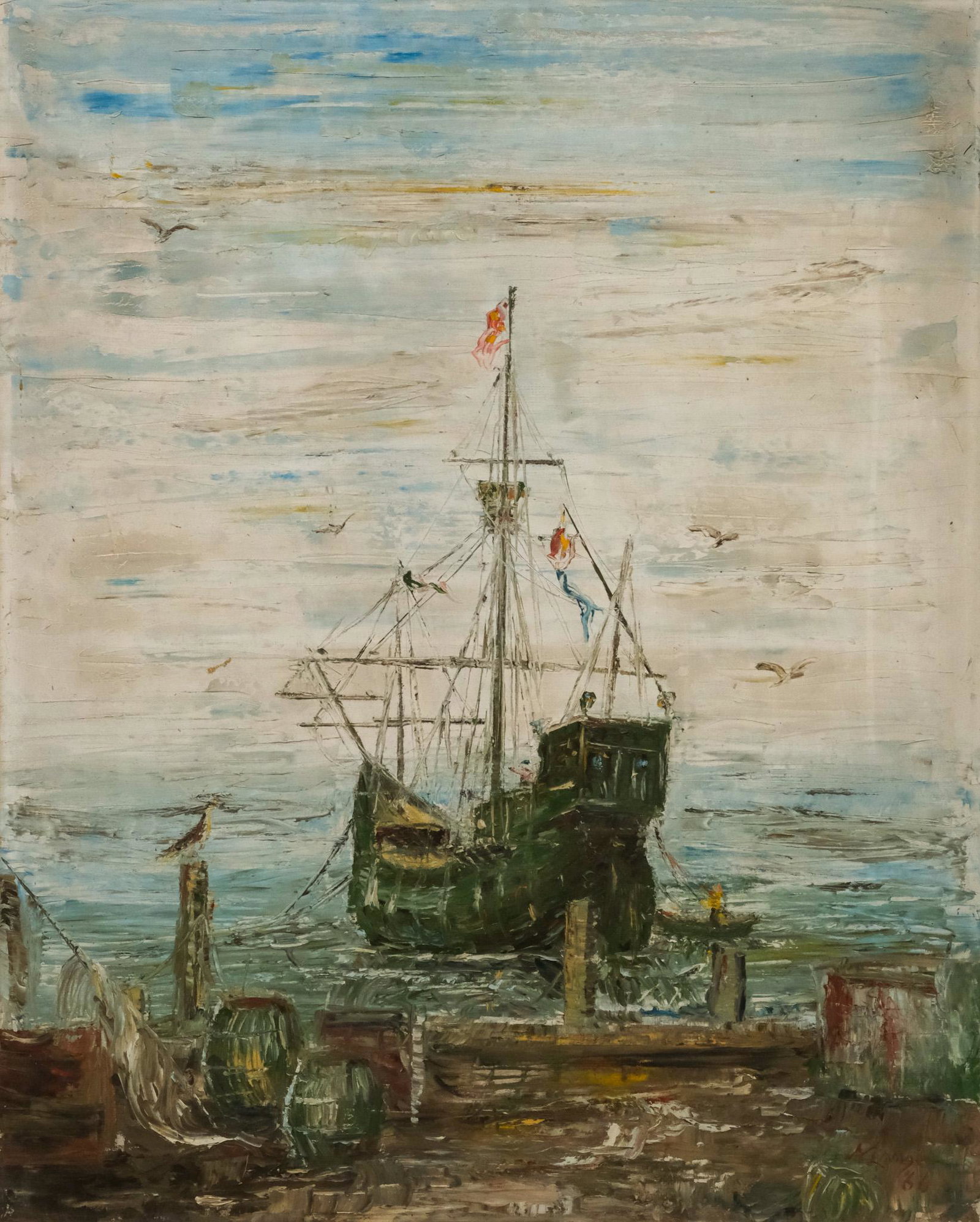 European School, Harbor Scene: European, 1966, oil on canvas depicting a cloudy harbor scene of a docked ship, signed "A. Lange '66" l.r., 32" x 25 1/2" canvas.