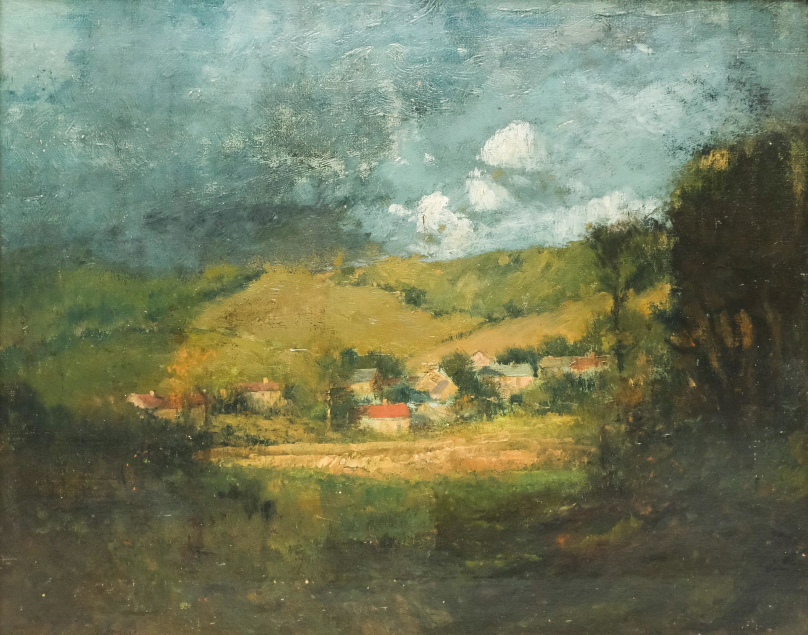 George Inness, Hillside Village: Attributed to George Inness (American, 1825-1894), oil on canvas depicting a village nestled in the hills, signed l.l., 16" x 20" canvas, 20" x 24" framed.