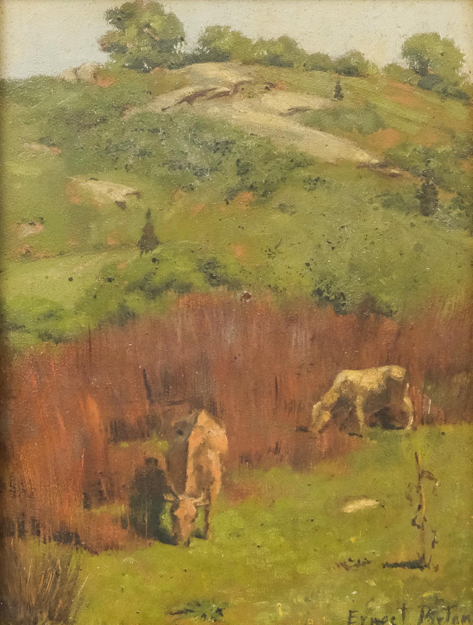 Ernest Parton, Pastoral Landscape: Ernest Parton (American, 1845-1933), oil on board depicting a pasture scene of two cows grazing, signed l.r., 9" x 12" board, 15 1/4" x 18" framed.