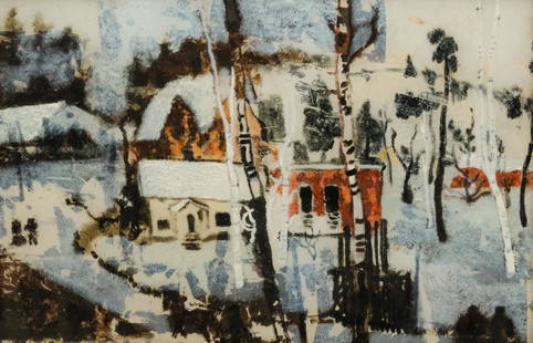 Eric Isenburger, "Winter": Eric Isenburger (American, 1902-1994), oil and tin foil on glass depicting a snowy scene of a cabin in the woods, signed verso, 12" x 18" glass, 15 1/2" x 21 1/2" framed.