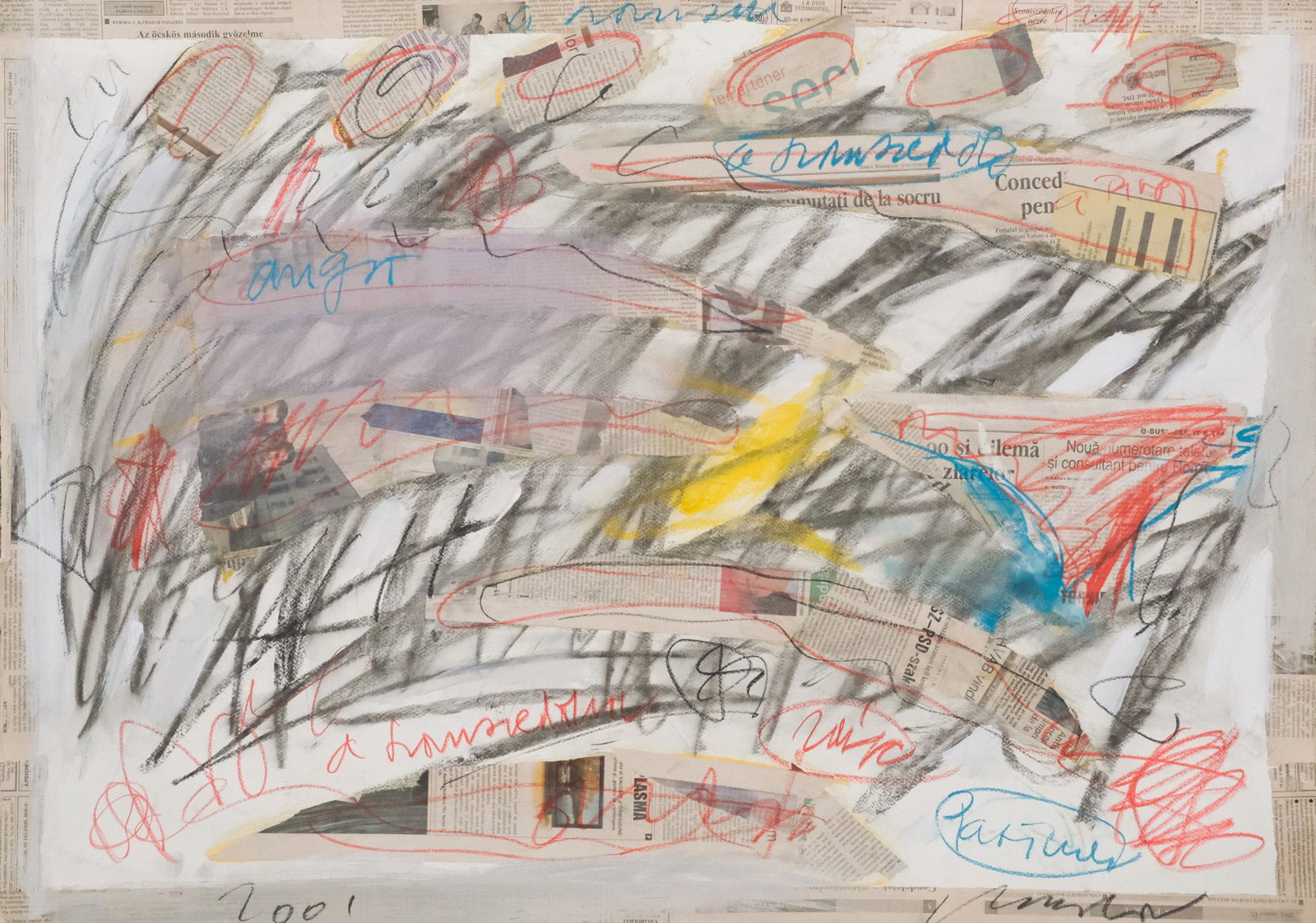 Andras Markos, "A Partnerseg": Andras Markos (Hungary, born 1950), 2001, mixed media on paper, including newspaper clippings, oil, crayon and ink, dated l.l., signed l.r., 28 1/2" x 39 1/2" overall.