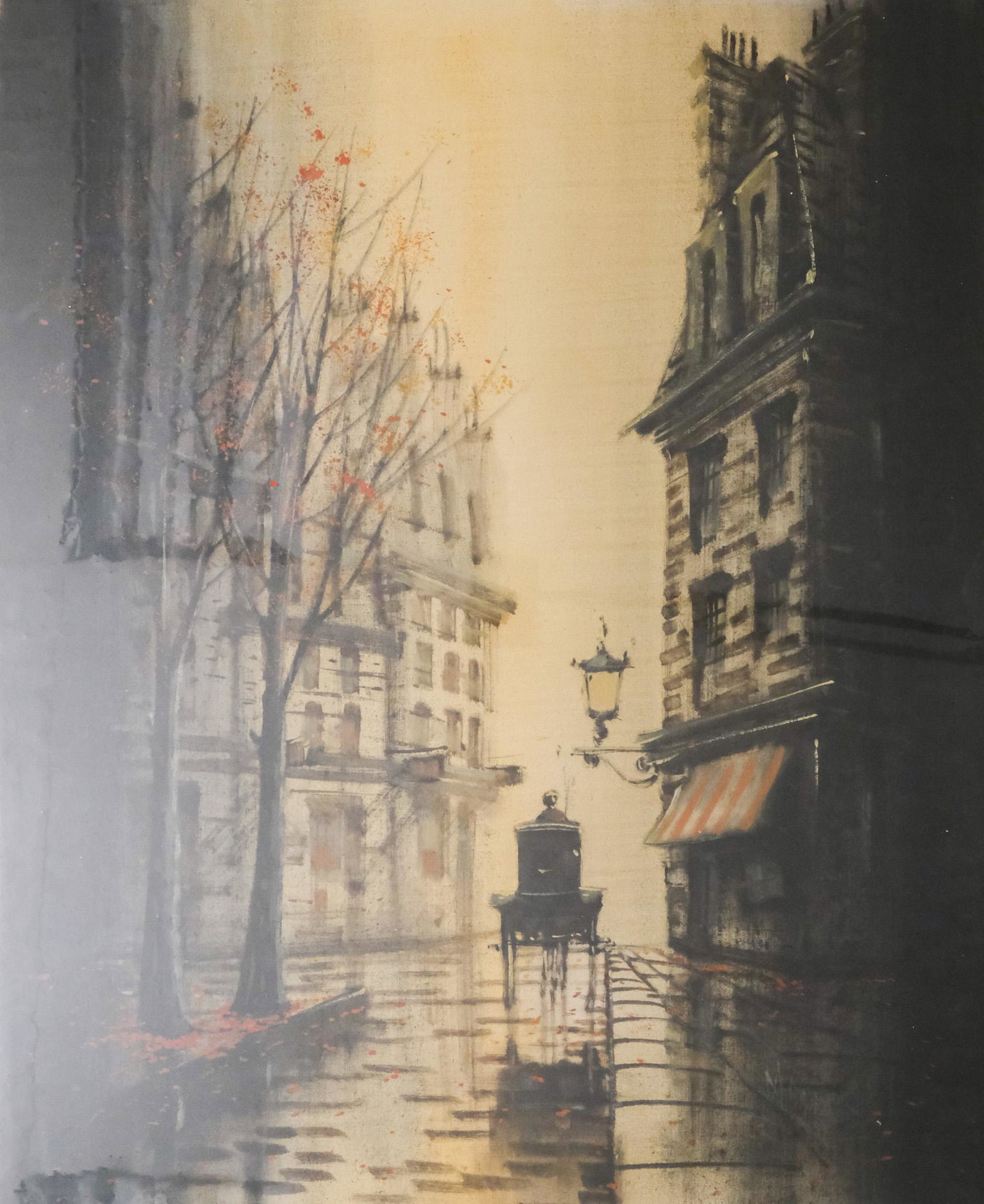 Rodolfo T. Monier, Evening Street Scene: Rodolfo T. Monier (Uruguay, born 1930) oil on canvas depicting a turn-of-the-century horse-drawn carriage on a dark petal strewn street, signed l.r., 26" x 32 1/2" overall.