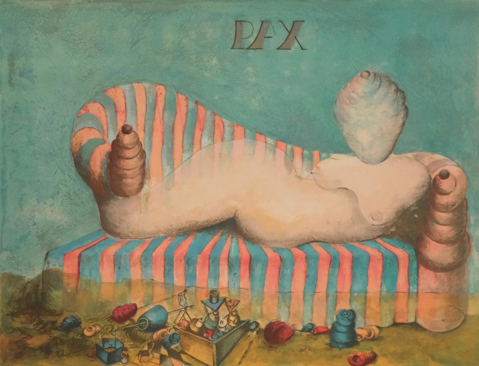 Raffi Kaiser, "Pax": Raffi Kaiser (Israeli, 1931-2010), lithograph depicting a nude female figure partially fused with the sofa she lays upon, numbered "155/200" l.l., pencils signed l.r., 18 1/2" x 24 1/4" image size, 21