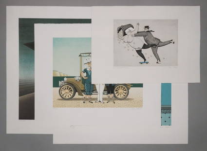 Lot of Jan Balet Prints: Jan Balet (German, 1913-2009), lot of four limited edition color lithographs, 1) "Paradise Junction", depicting a couple kissing on the train platform, numbered "171/300" l.l., signed l.r., 19 3/4" x