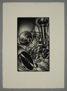 Carol Wax, "Cinemanic": Carol Wax (American, born 1953), 2002, mezzotint on paper depicting a Paillard-Bolex movie camera, numbered "39/160" l.l., titled l.c., signed and dated l.r., 10" x 6" image size, 15 1/2" x 11 1/4" sh