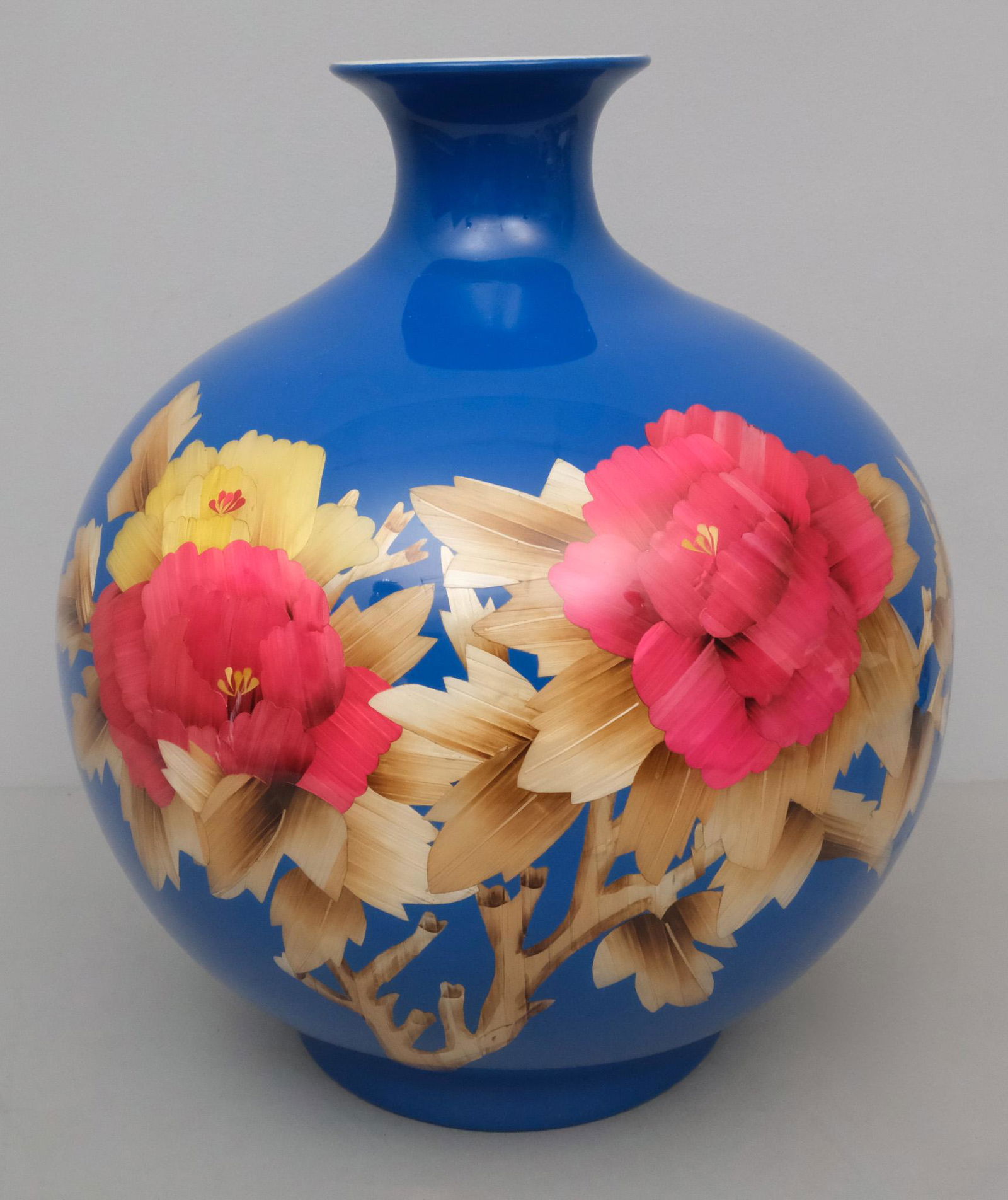 Large Wood Inlaid Porcelain Asian Vase (1 of 9)