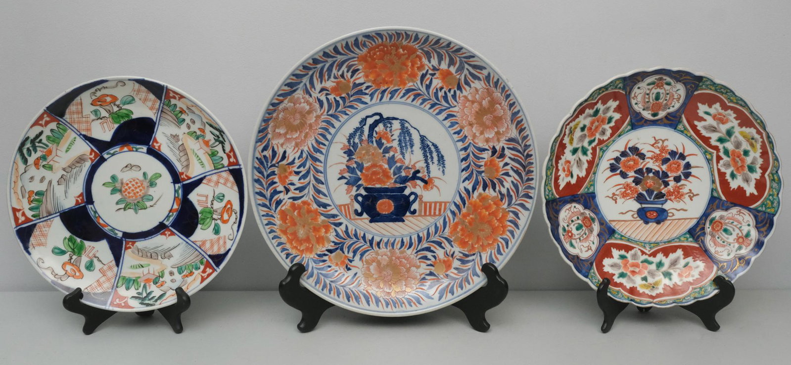 Lot of 3 Antique Imari Porcelain Chargers: One with scalloped edge. Nice kiln marks to largest. 11 3/4" to 14 1/2".