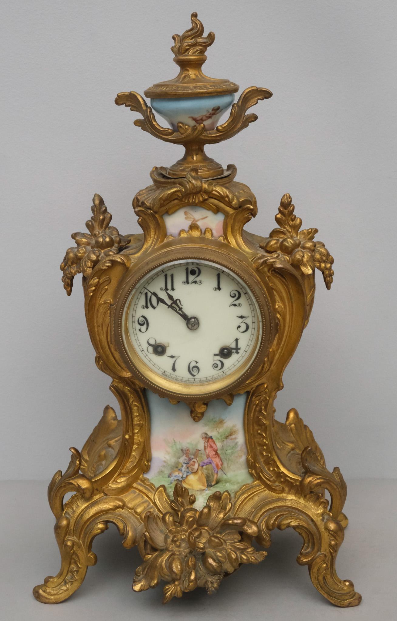 New Haven Gilt Metal & Porcelain Mantle Clock (1 of 14)