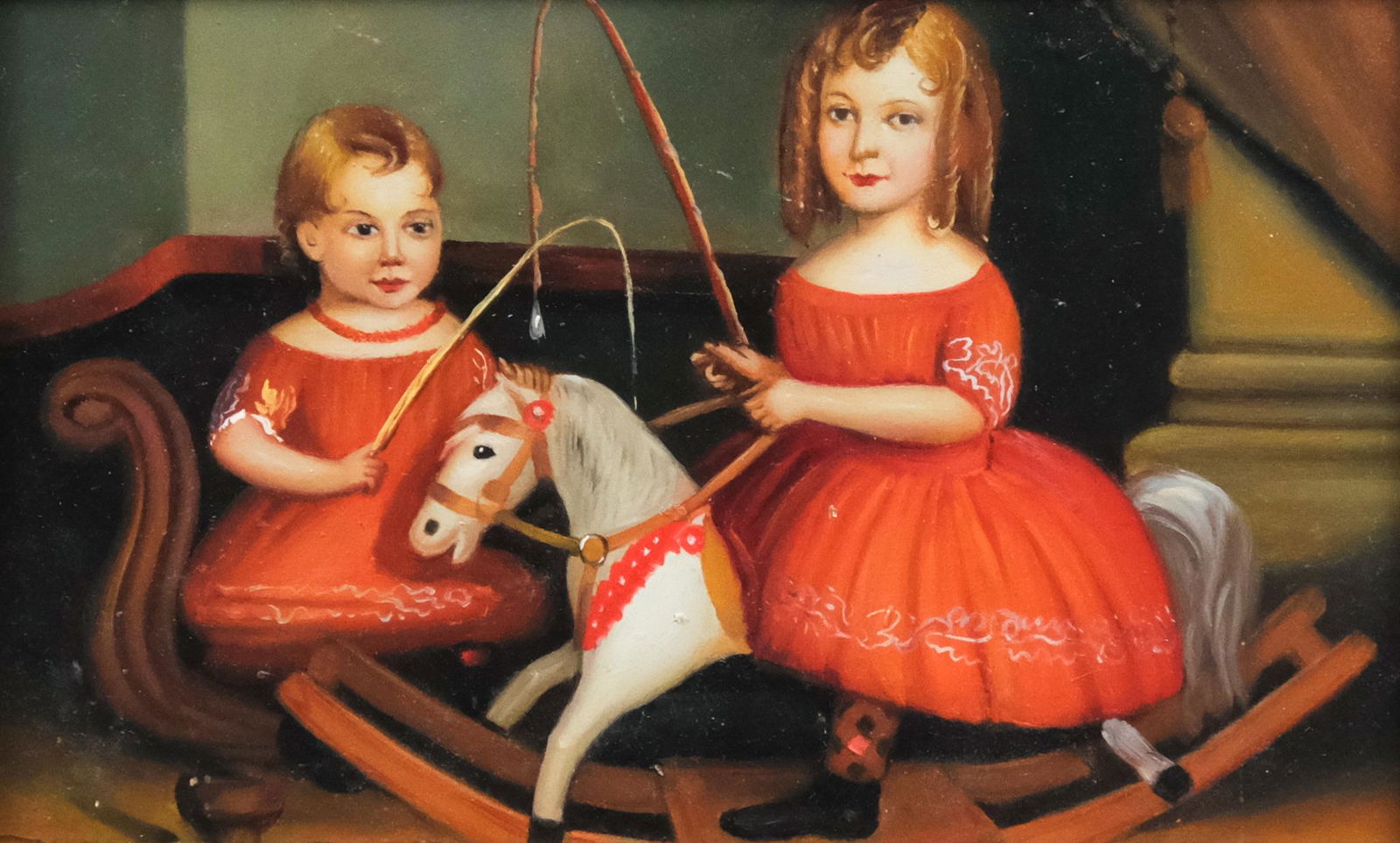 American School, Folk Art Painting of Two Girls (1 of 5)