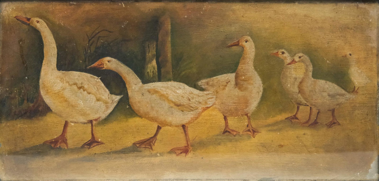 American School, Geese in a Row: American, 19th century oil on panel depicting five white geese in a row, 8" x 16" panel, 9 1/2" x 17 1/2" framed.